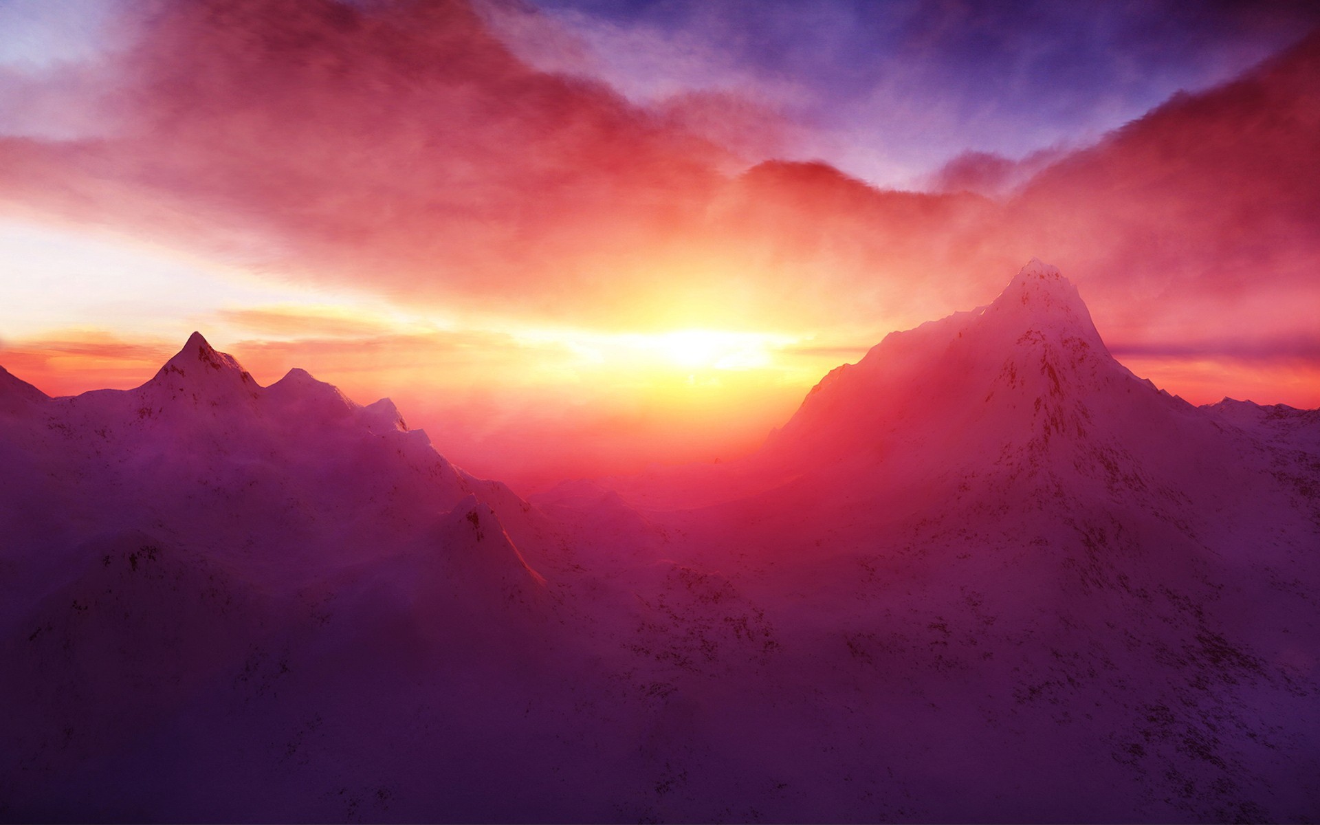 Snowy mountains at sunset with vibrant clouds HD Wallpaper