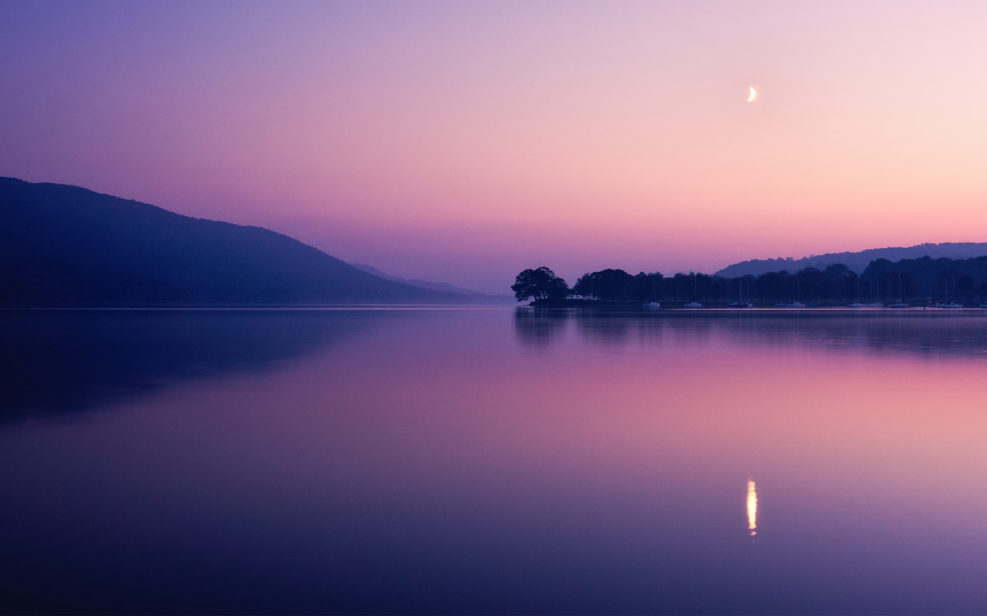 Purple lake and mountains at dusk with crescent moon HD Wallpaper