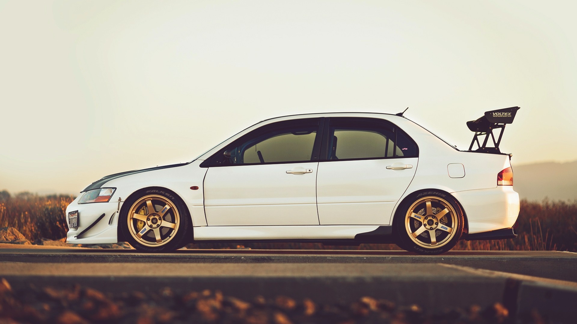 White Mitsubishi Lancer Evolution with Voltex Wing HD Wallpaper