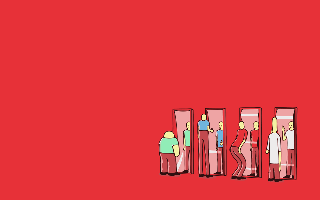 People looking in mirrors with distorted reflections HD Wallpaper