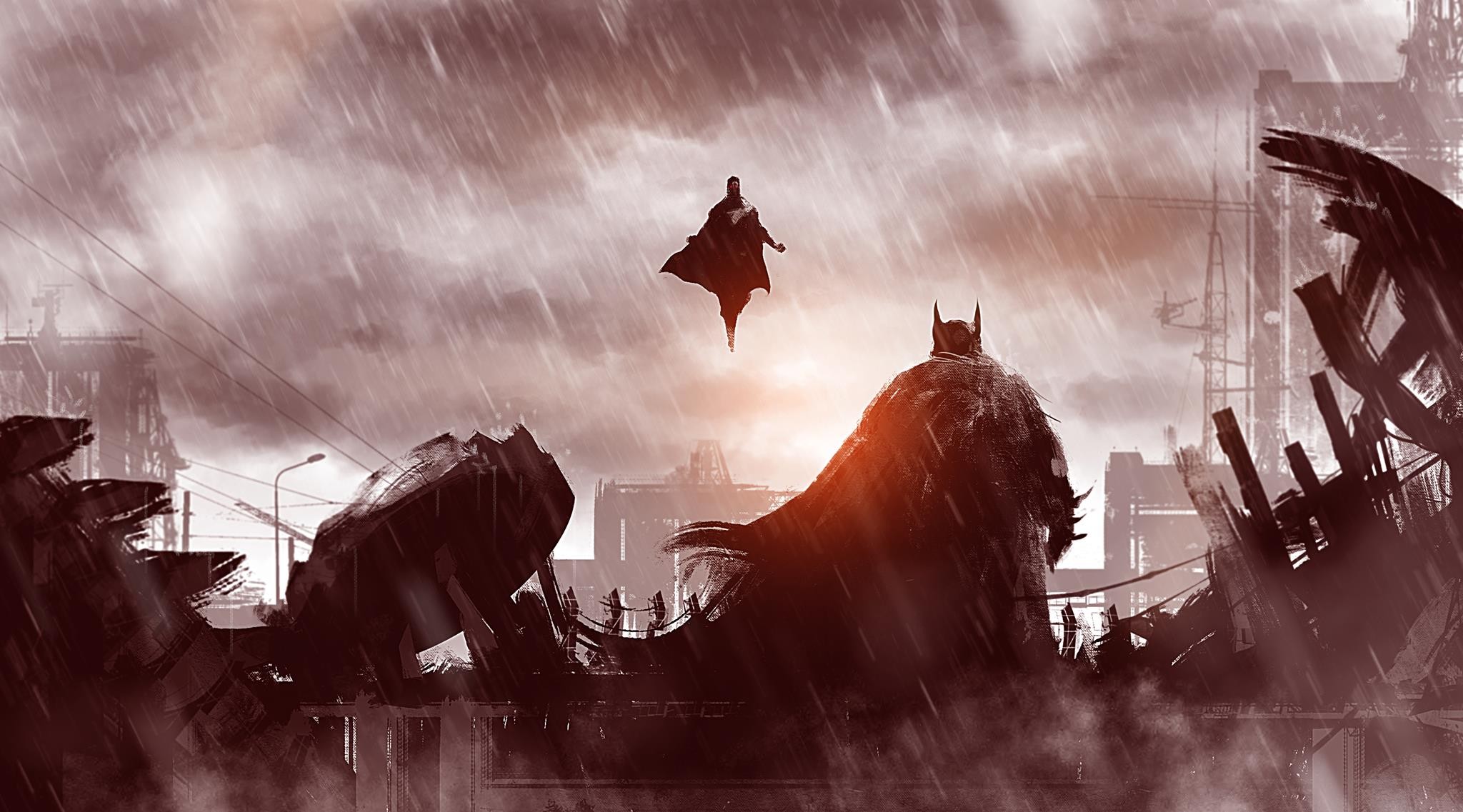 Superman and Batman in a ruined city during rain HD Wallpaper