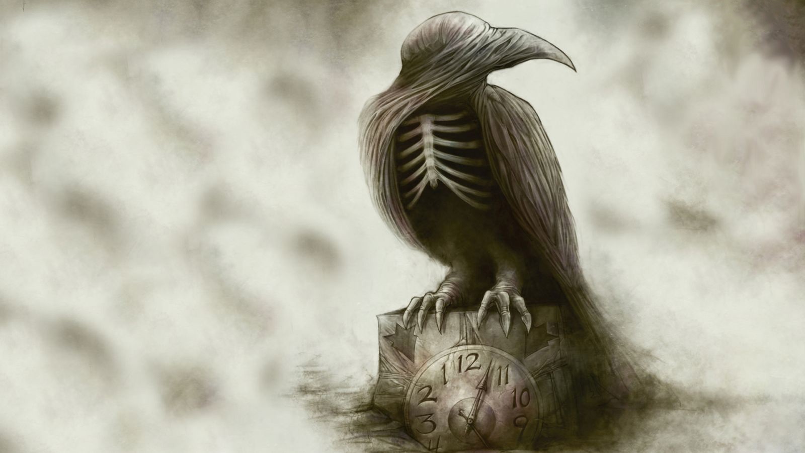 In Flames fantasy art of a skeletal bird on a clock HD Wallpaper