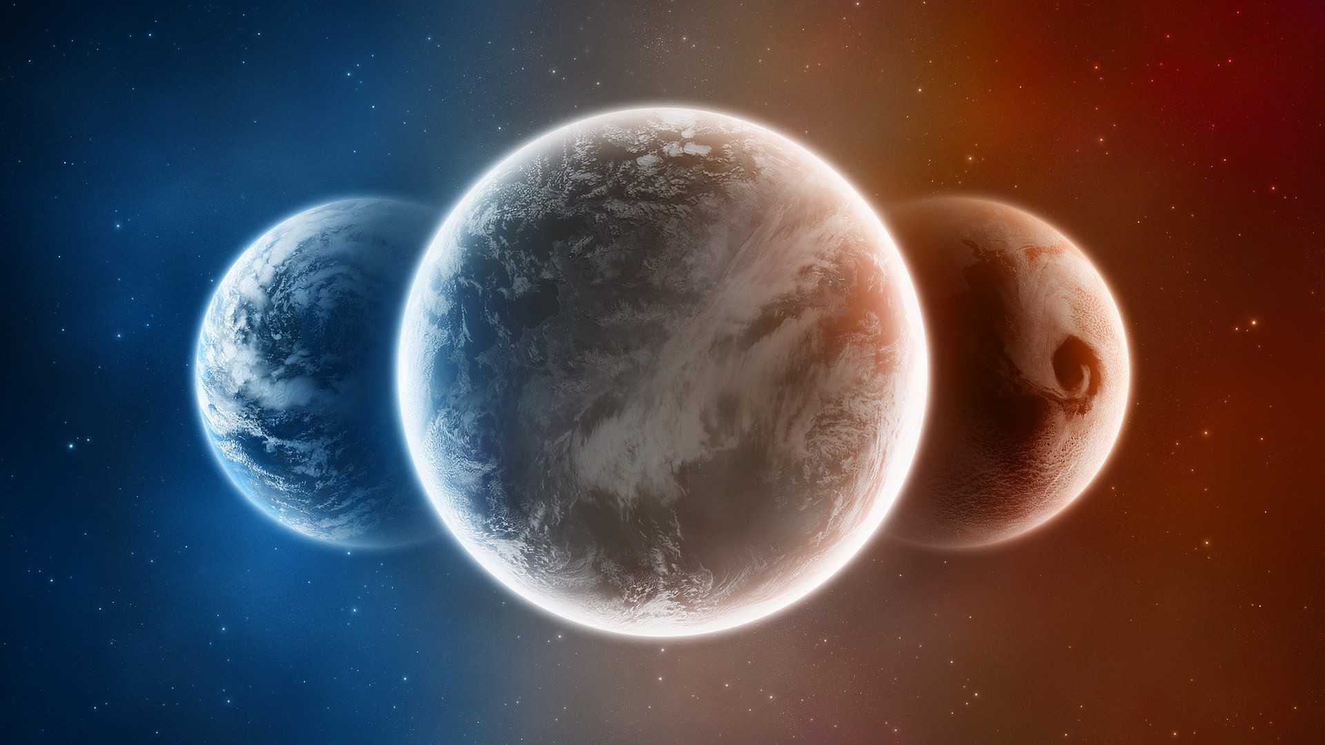 Three planets in space with stars HD Wallpaper