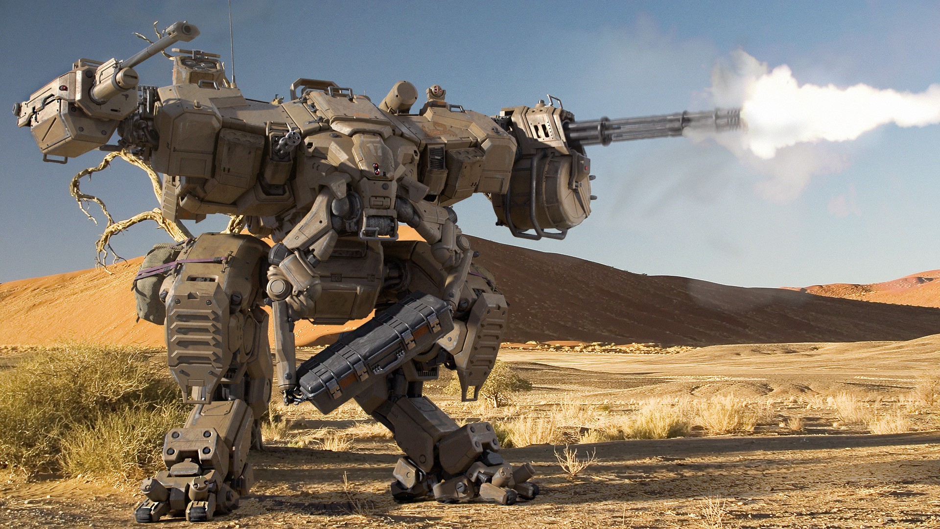 Mech firing a Gatling gun in a desert landscape HD Wallpaper
