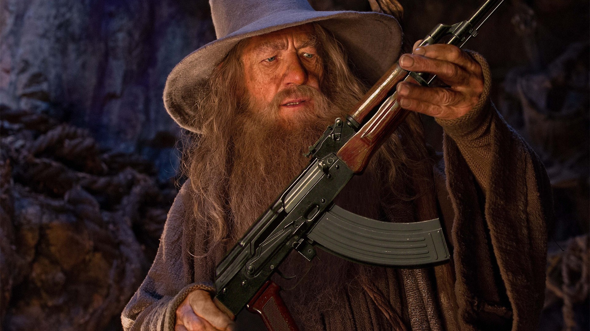 Gandalf holding an AKM rifle HD Wallpaper