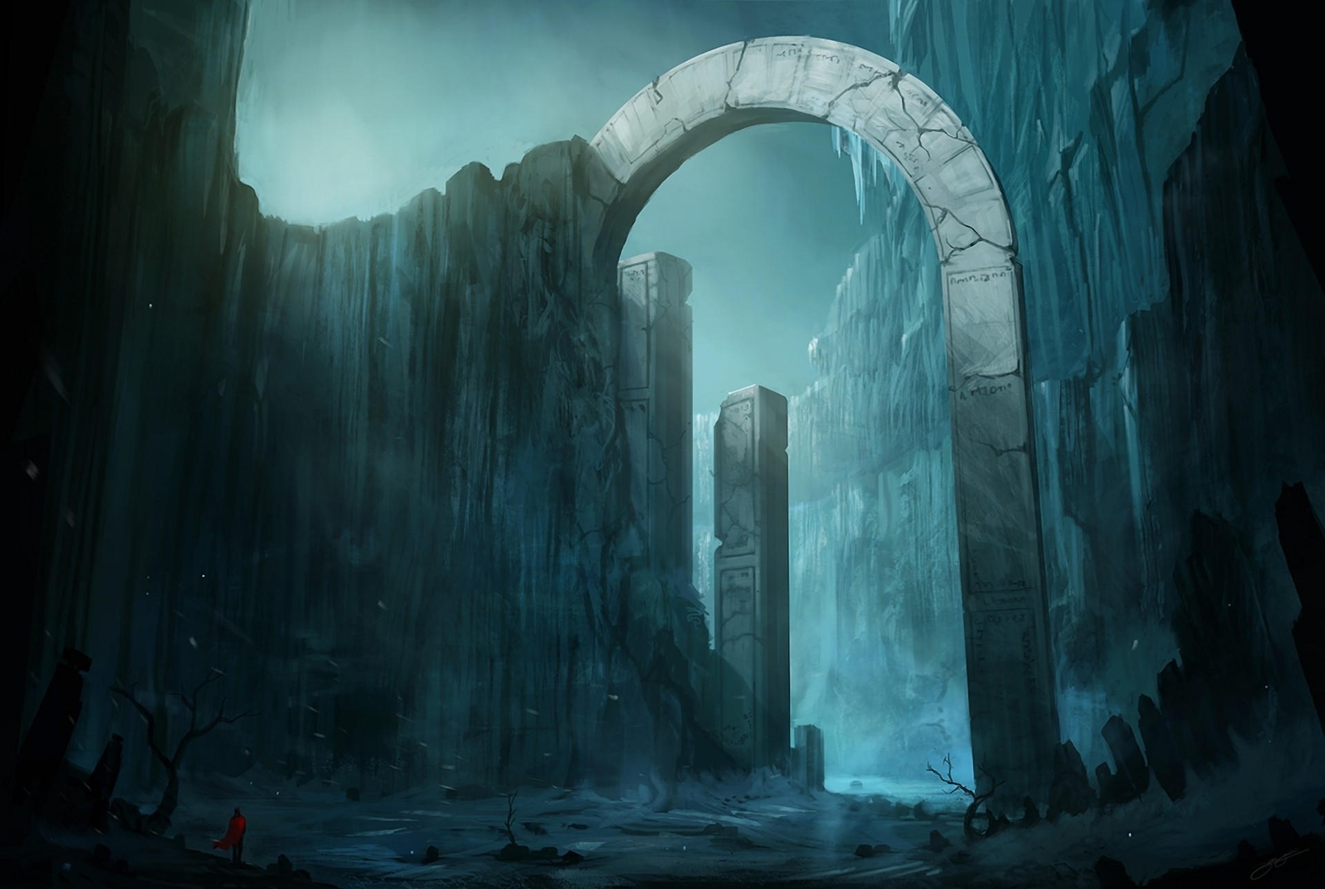 Fantasy art of an ancient stone archway in a frozen canyon HD Wallpaper