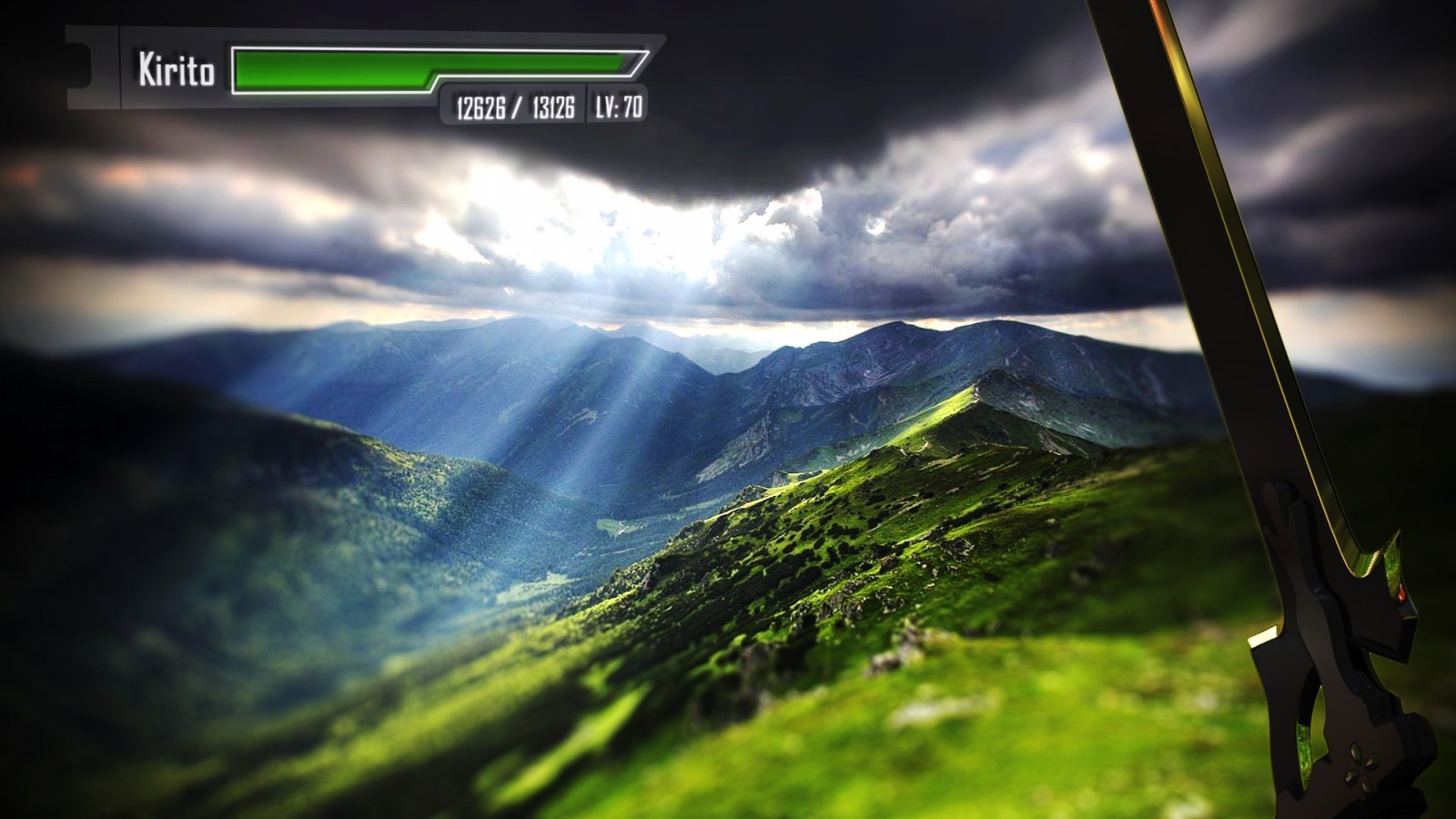 Kirito's health bar and sword overlooking a mountain landscape HD Wallpaper