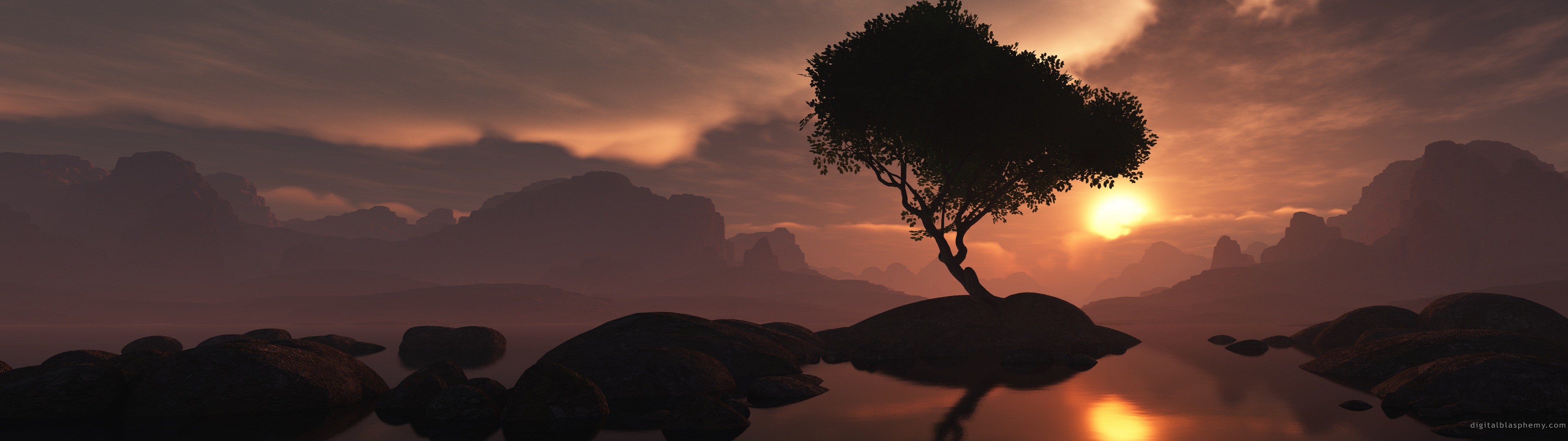 Digital art landscape at dusk with a lone tree HD Wallpaper