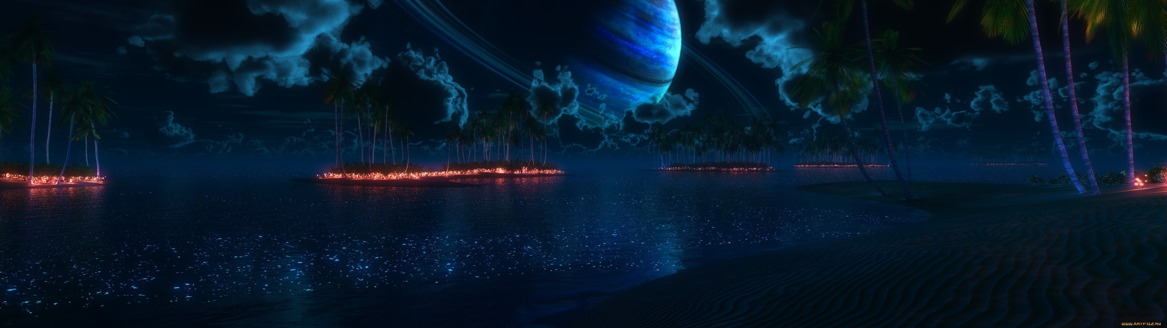 Sci-fi planet with rings over a tropical island at night HD Wallpaper