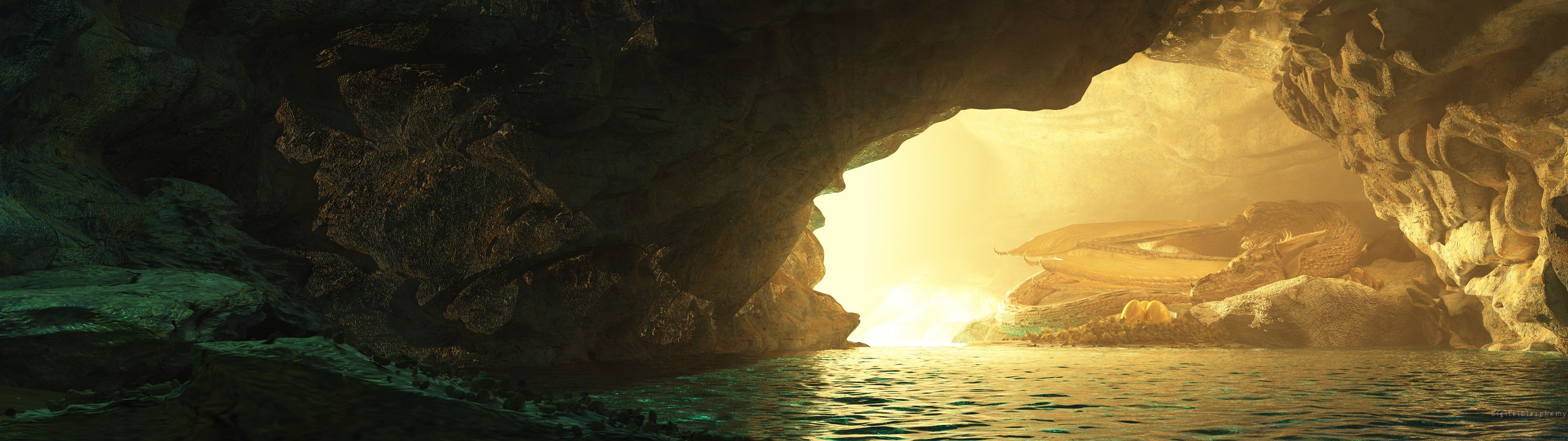 Dragon hoard in a cave with water HD Wallpaper