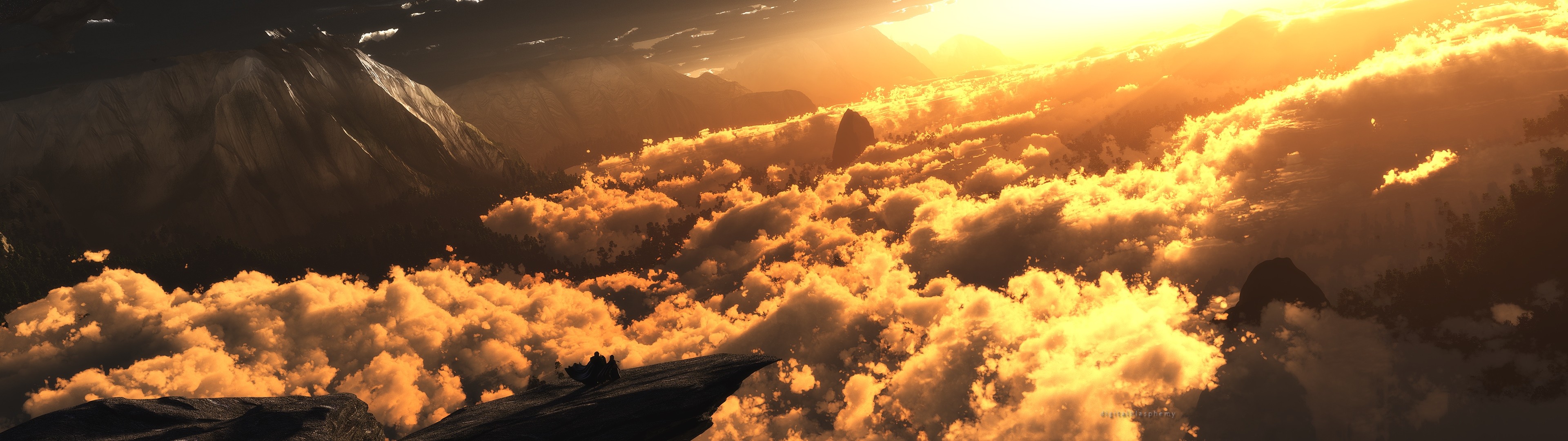 Fantasy art of mountains and clouds at sunset HD Wallpaper