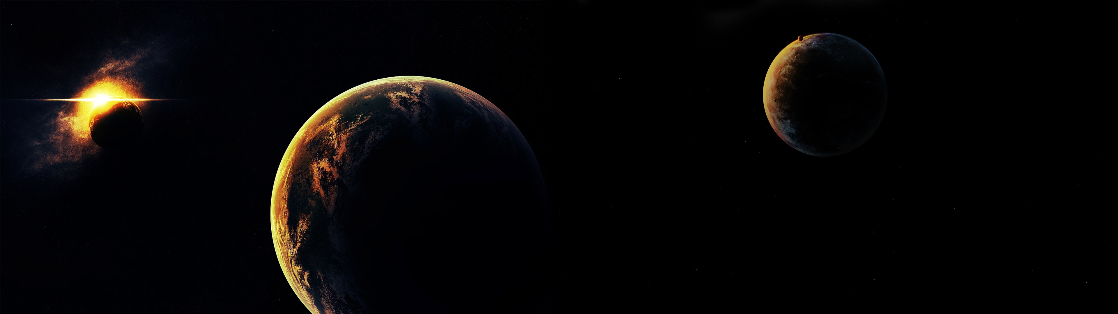 Digital art of planets in space with a bright sun HD Wallpaper
