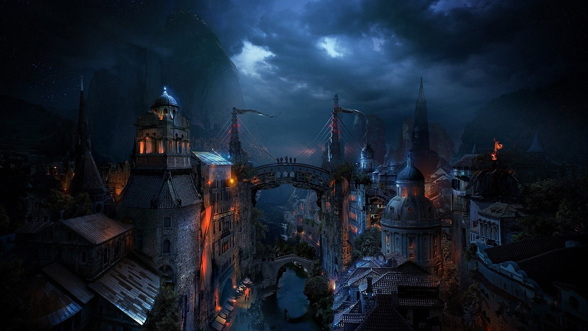 Fantasy city with bridges and mountains at night HD Wallpaper
