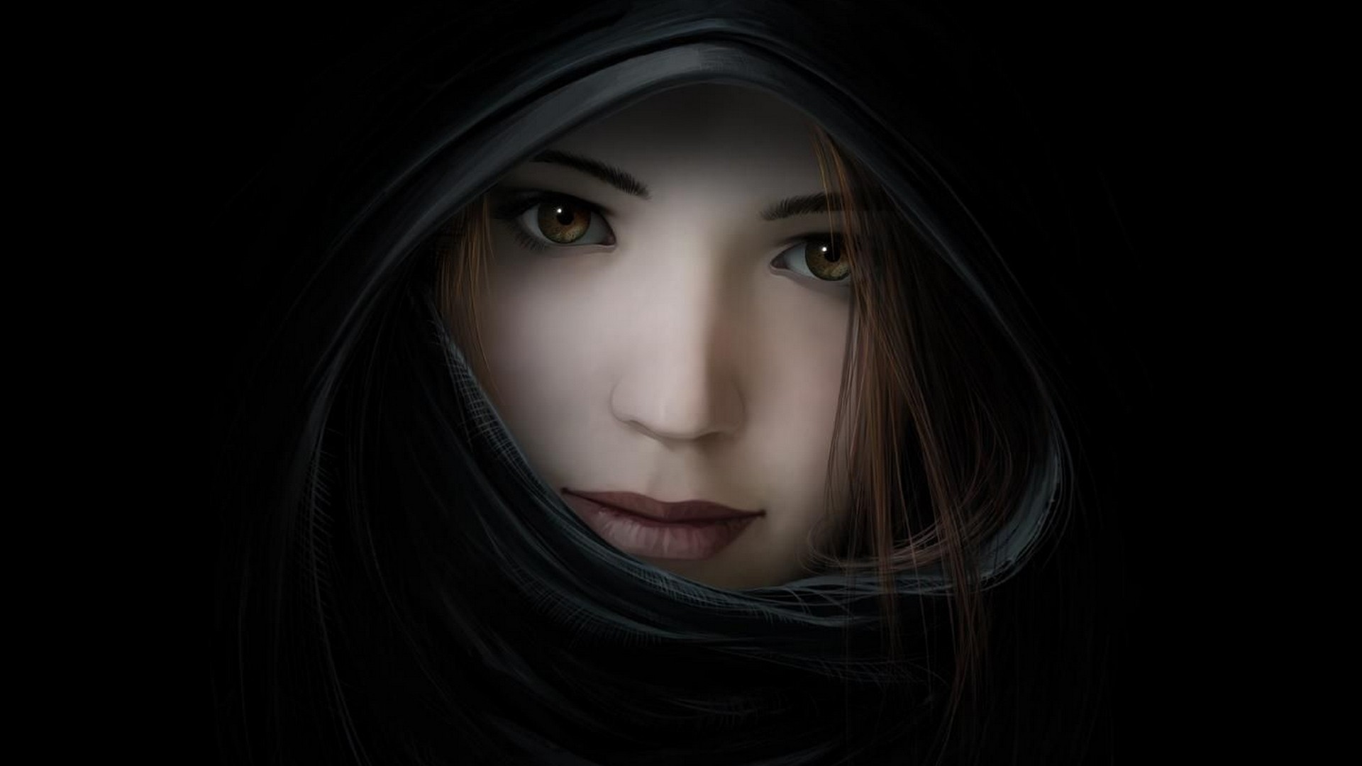 Fantasy girl with brown eyes and dark hood HD Wallpaper