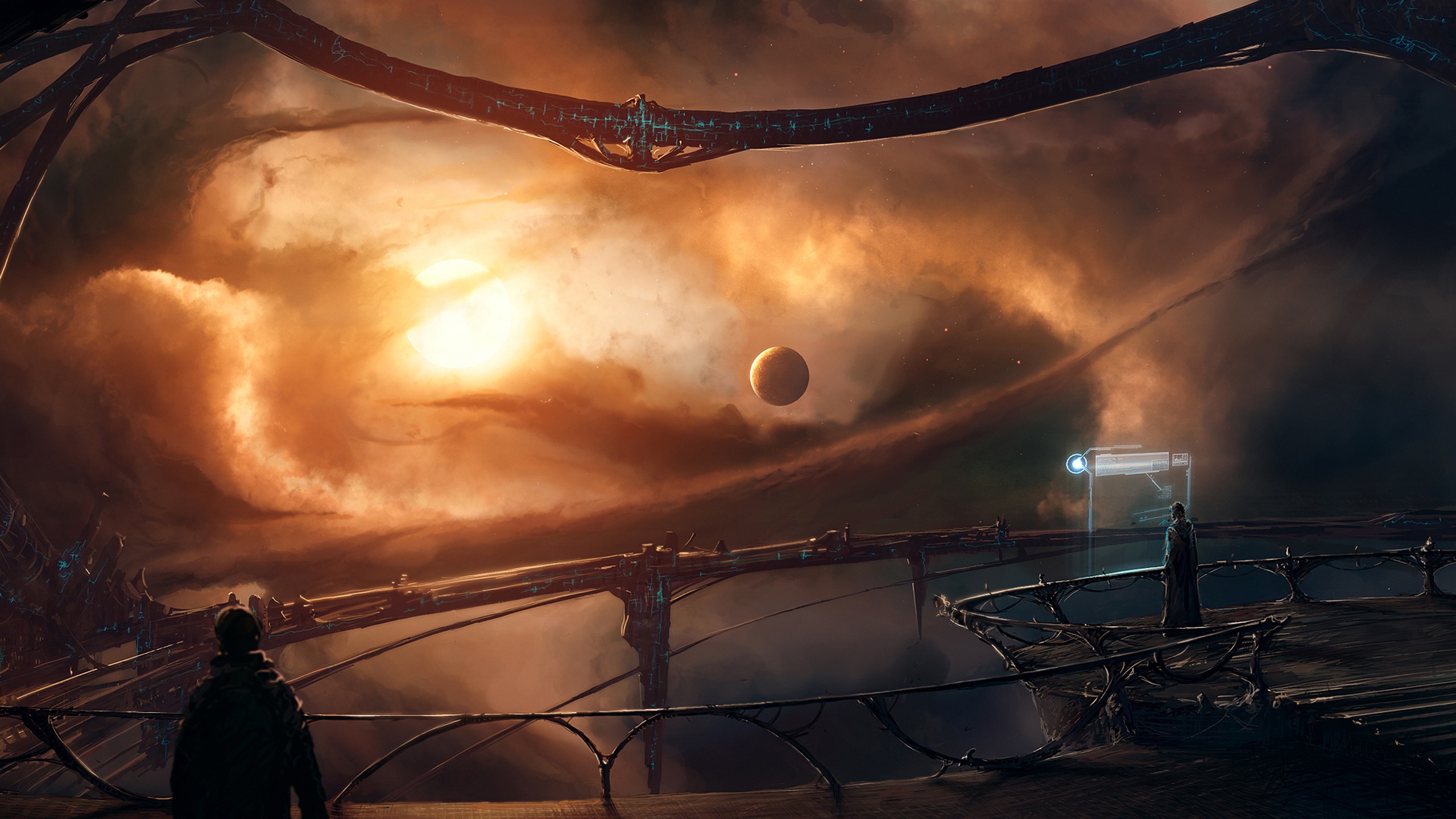 Sci-fi scene with two figures on a platform overlooking a nebula HD Wallpaper