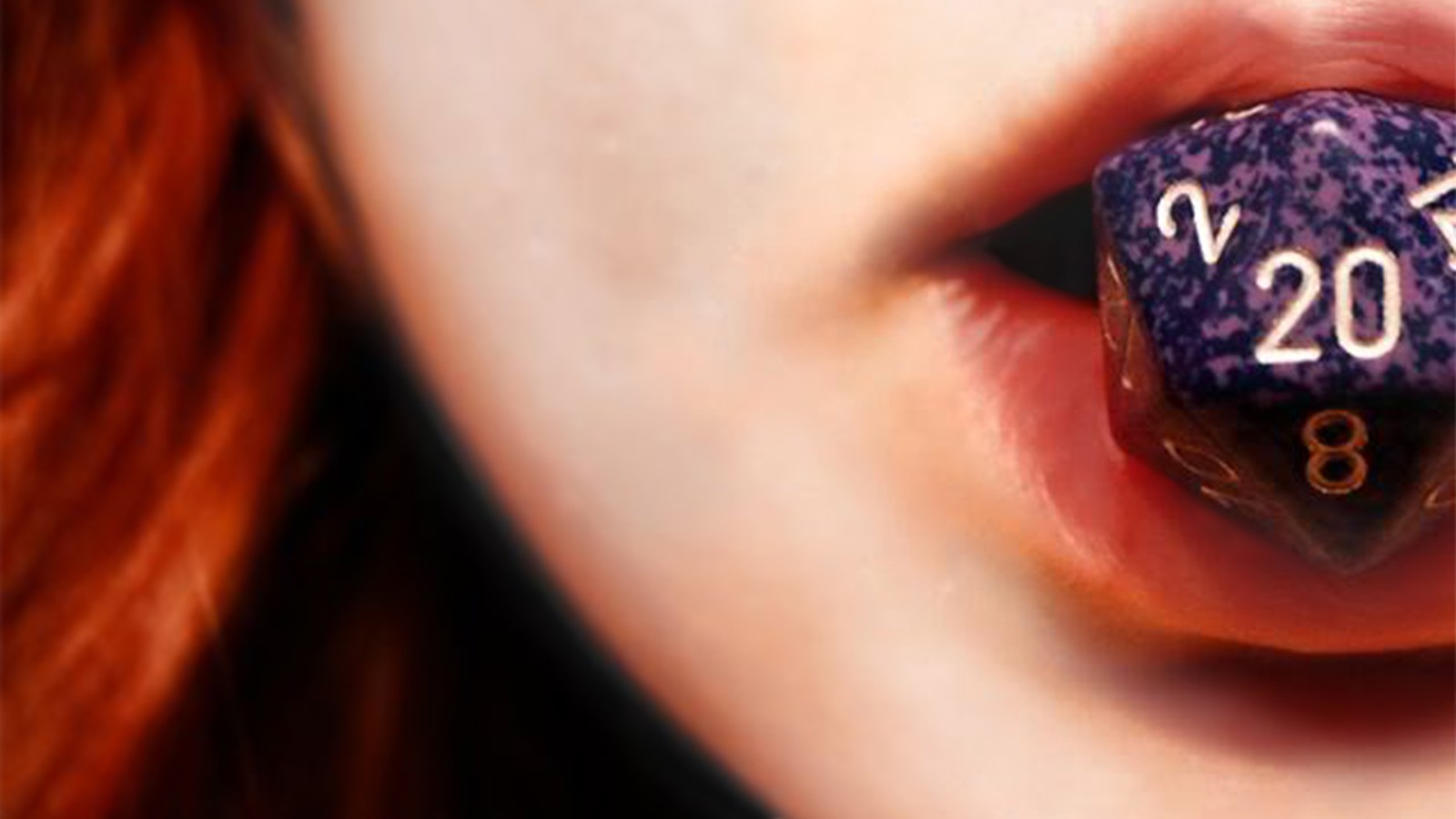 Woman with a D20 die in her mouth HD Wallpaper