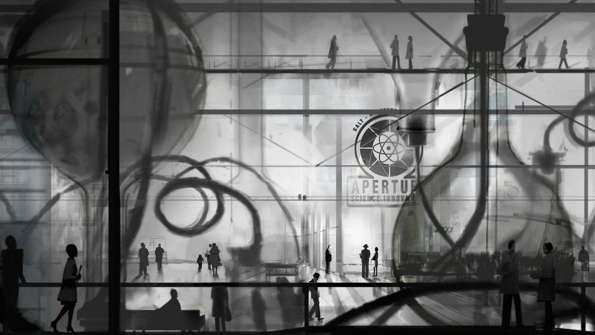 Aperture Laboratories interior with people and equipment HD Wallpaper