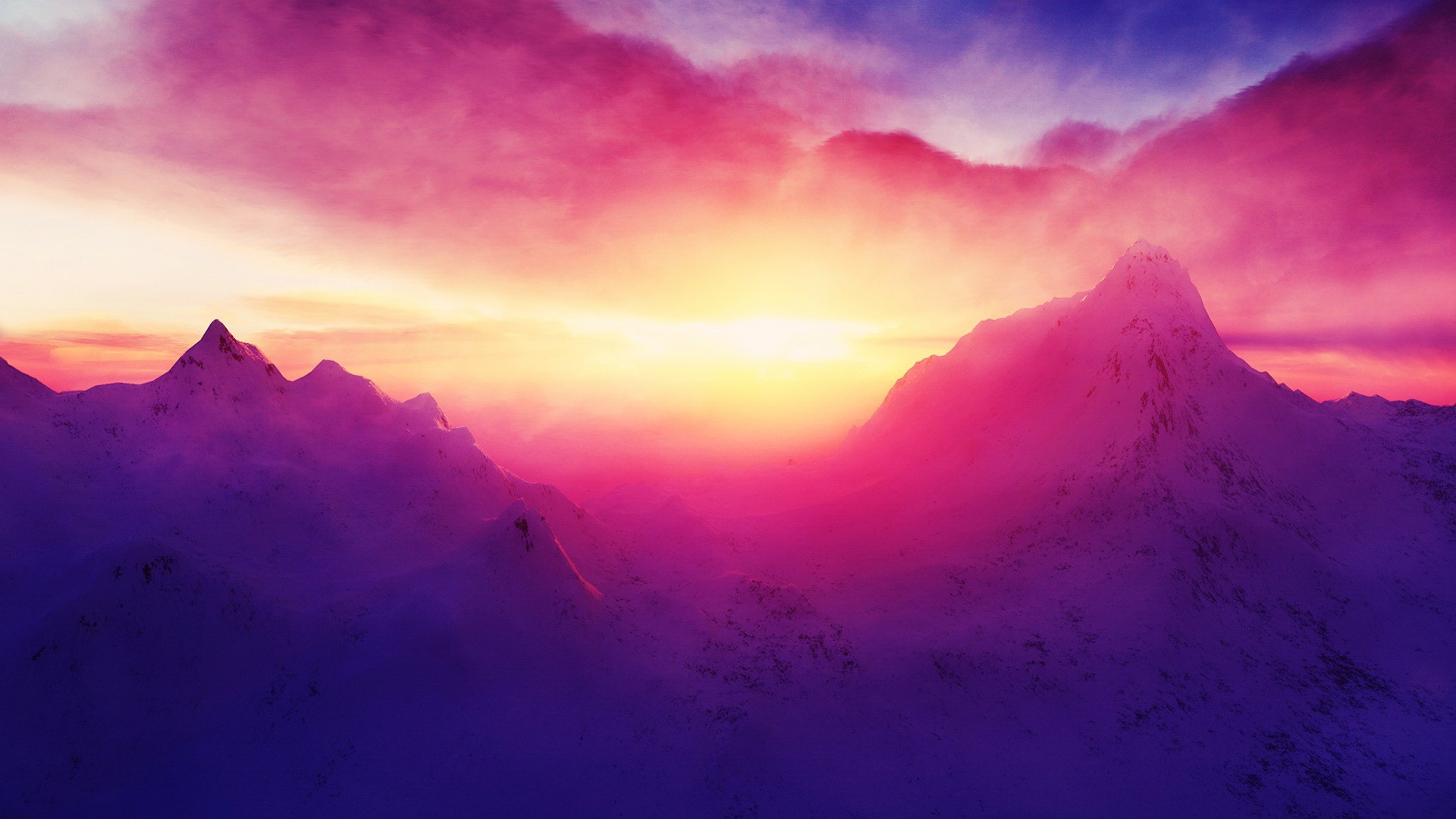 Snowy mountains at sunset with colorful clouds HD Wallpaper