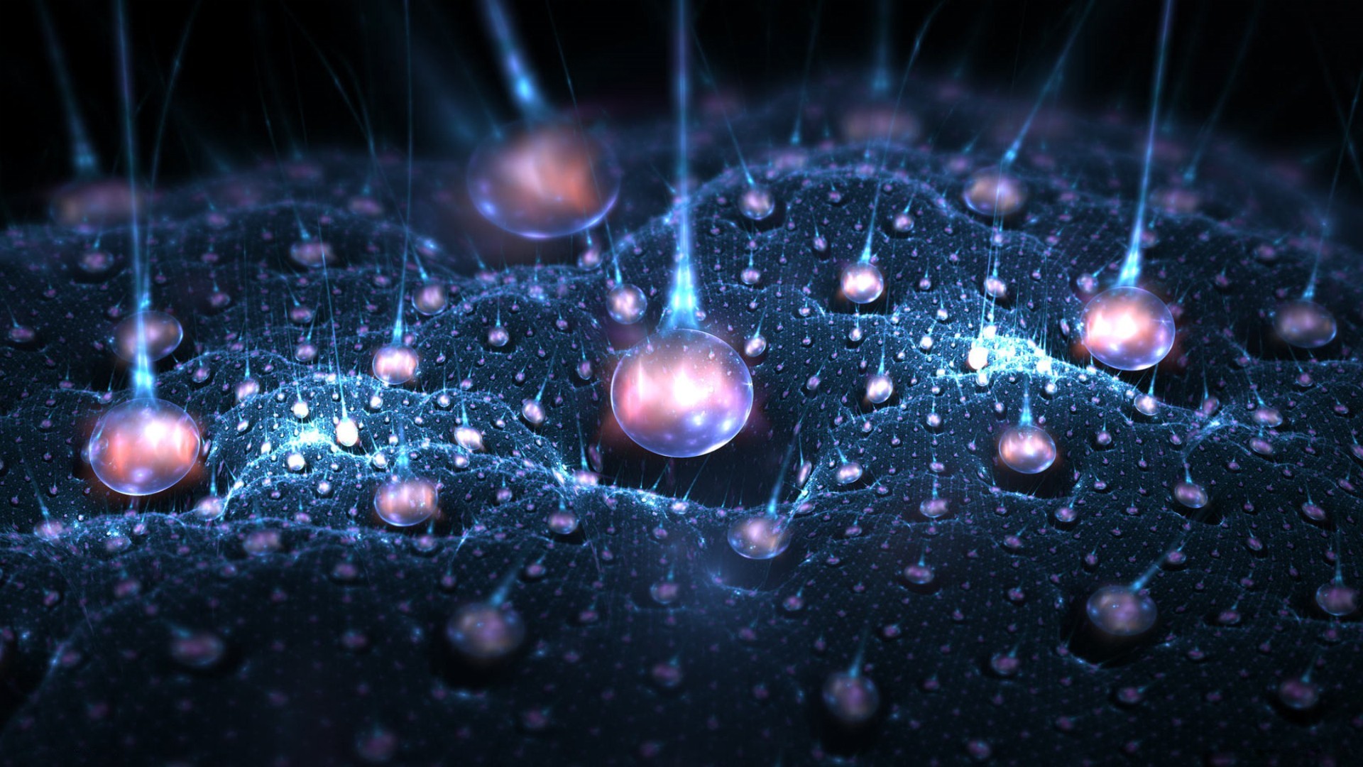 Abstract digital art of glowing spheres and light beams HD Wallpaper