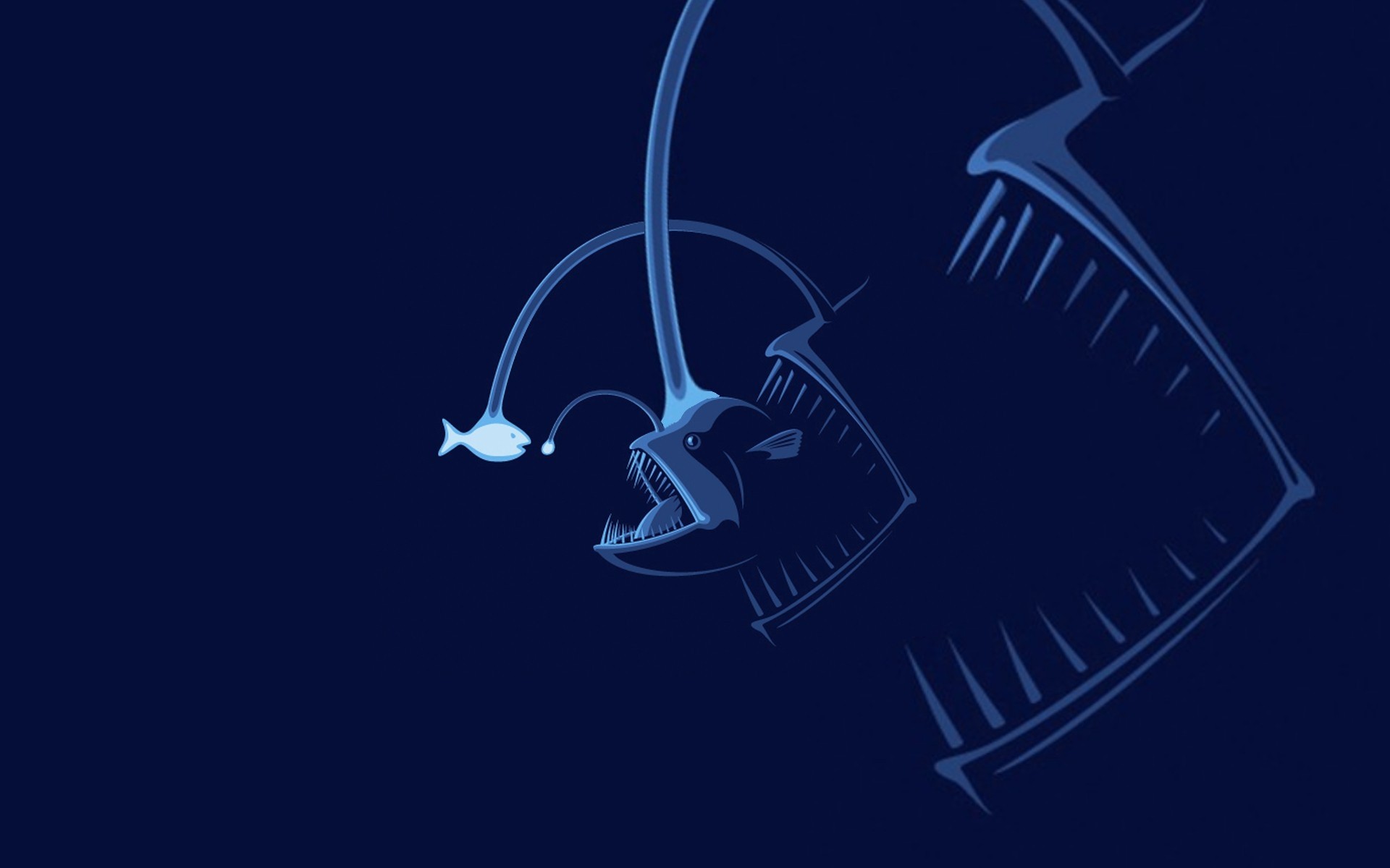 Anglerfish hunting a small fish in the deep blue sea HD Wallpaper