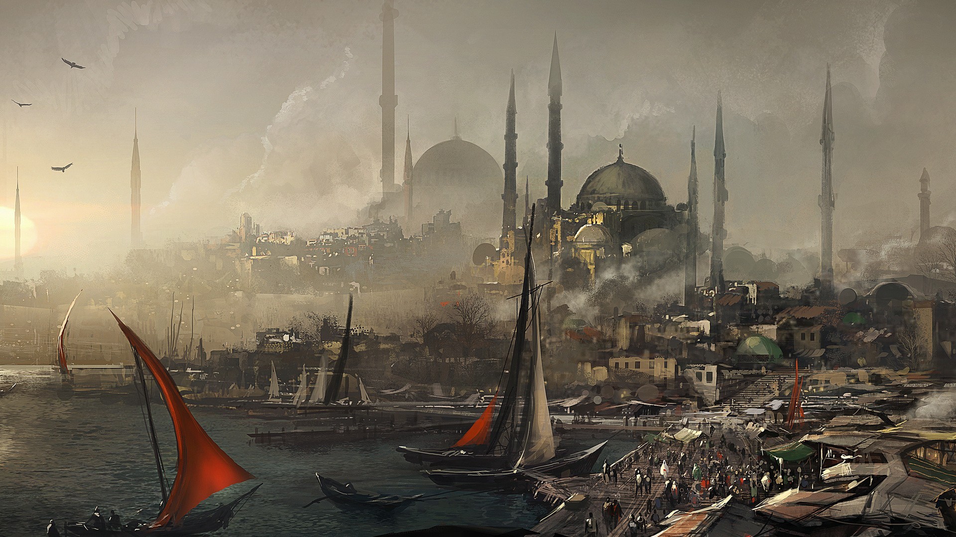 Fantasy art of Istanbul with mosques and boats HD Wallpaper