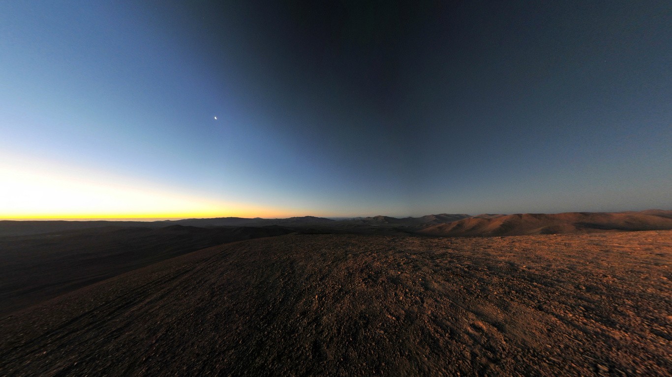 Desert landscape at sunrise with a crescent moon HD Wallpaper