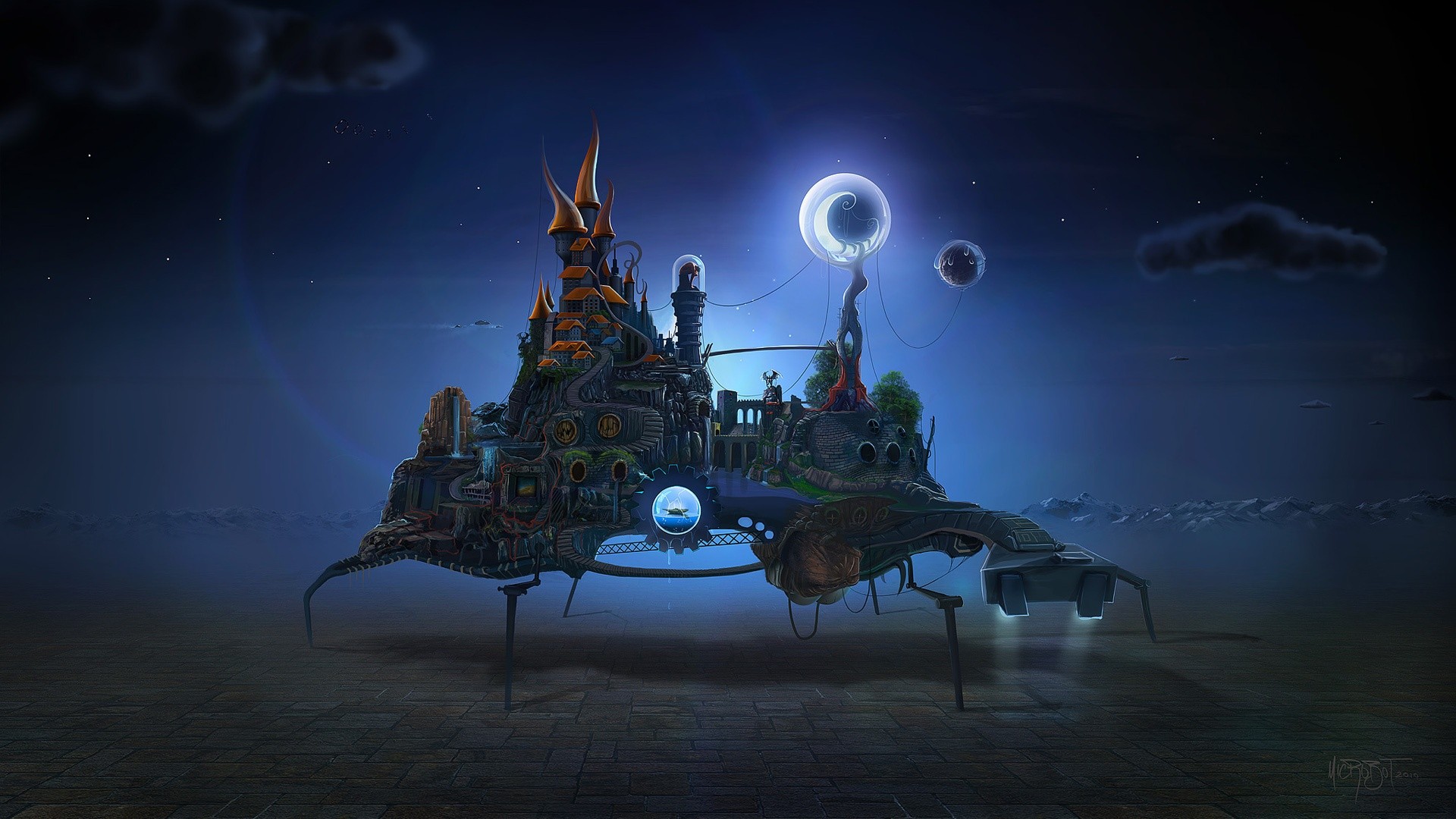 Surreal fantasy castle artwork by David Fuhrer at night HD Wallpaper