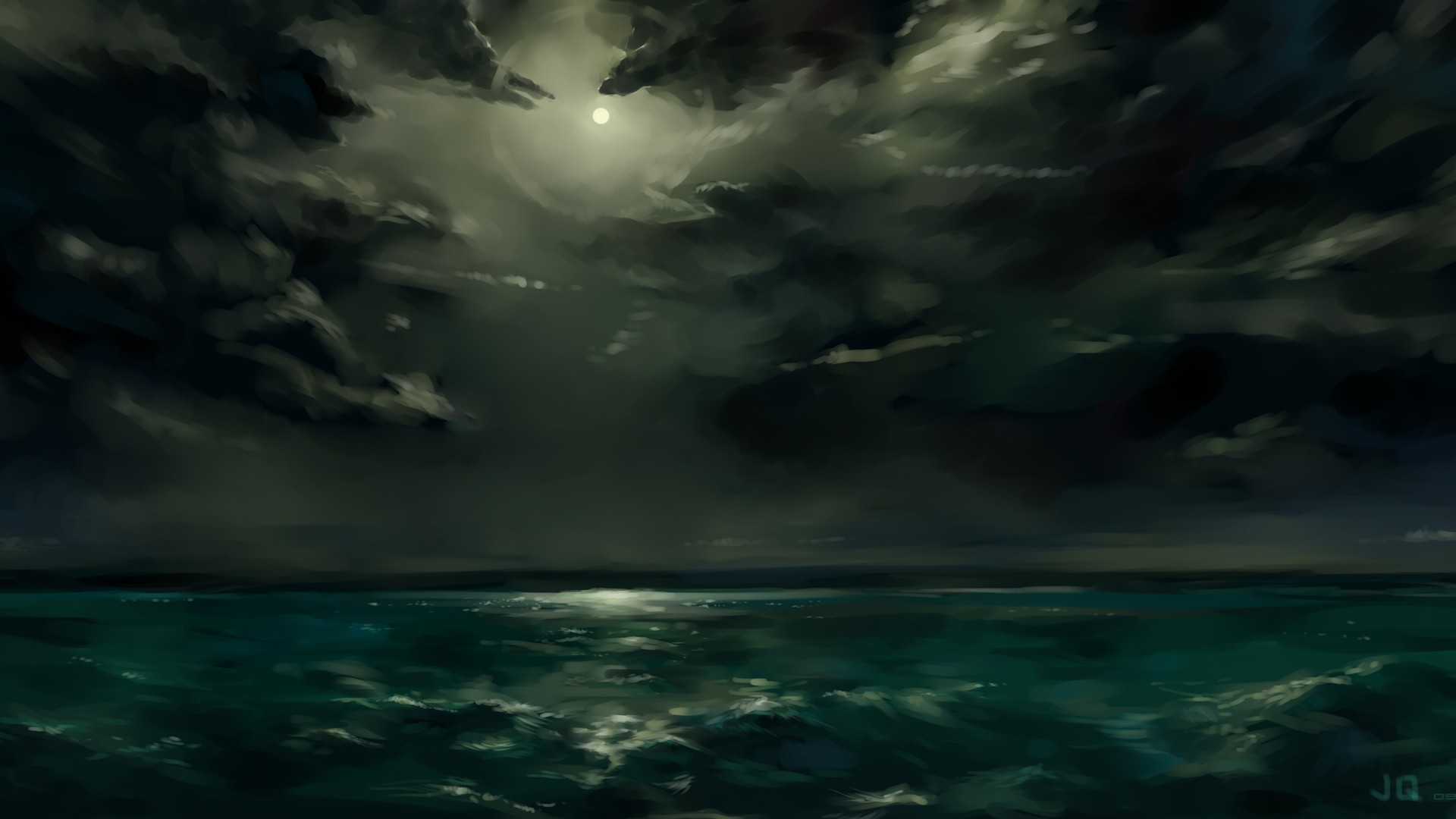Digital art of a stormy night sea under moonlight HD Wallpaper