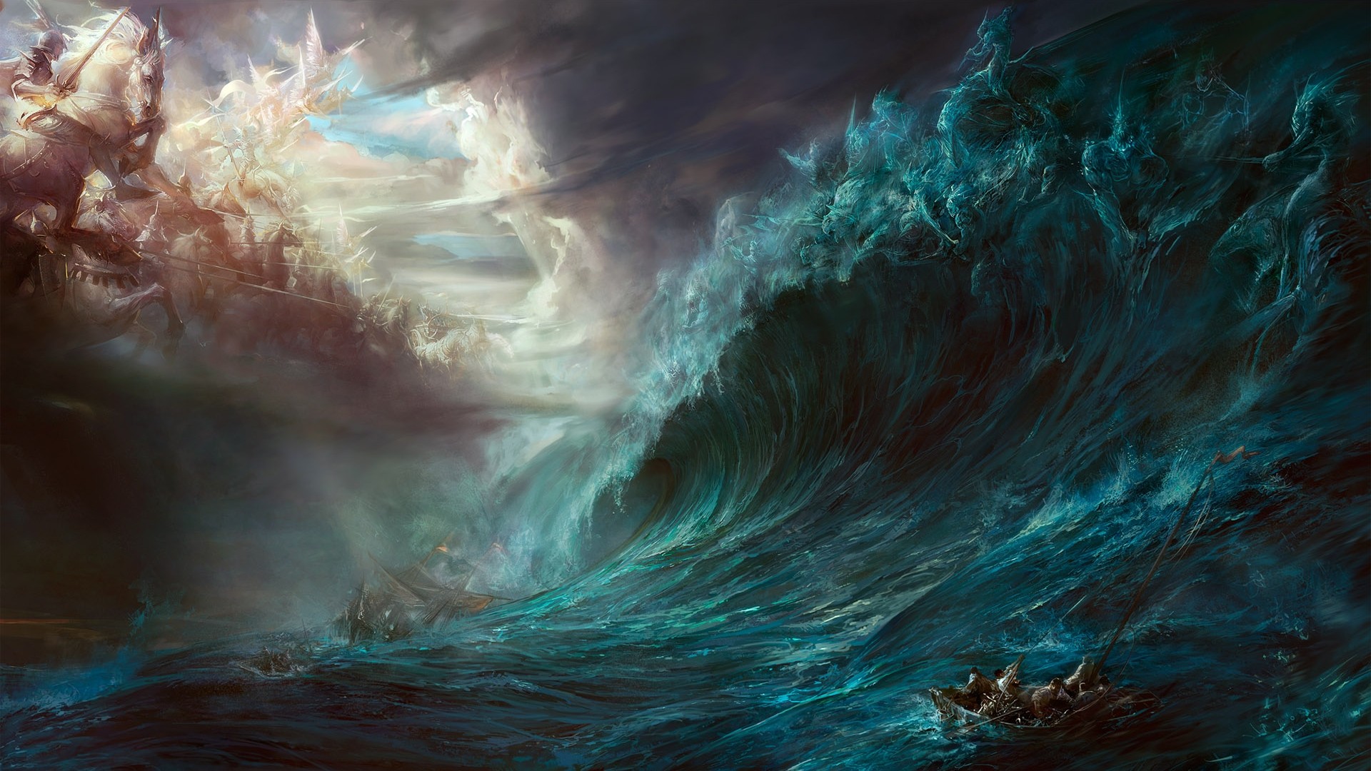 Dehong He's artwork of gods battling on waves HD Wallpaper