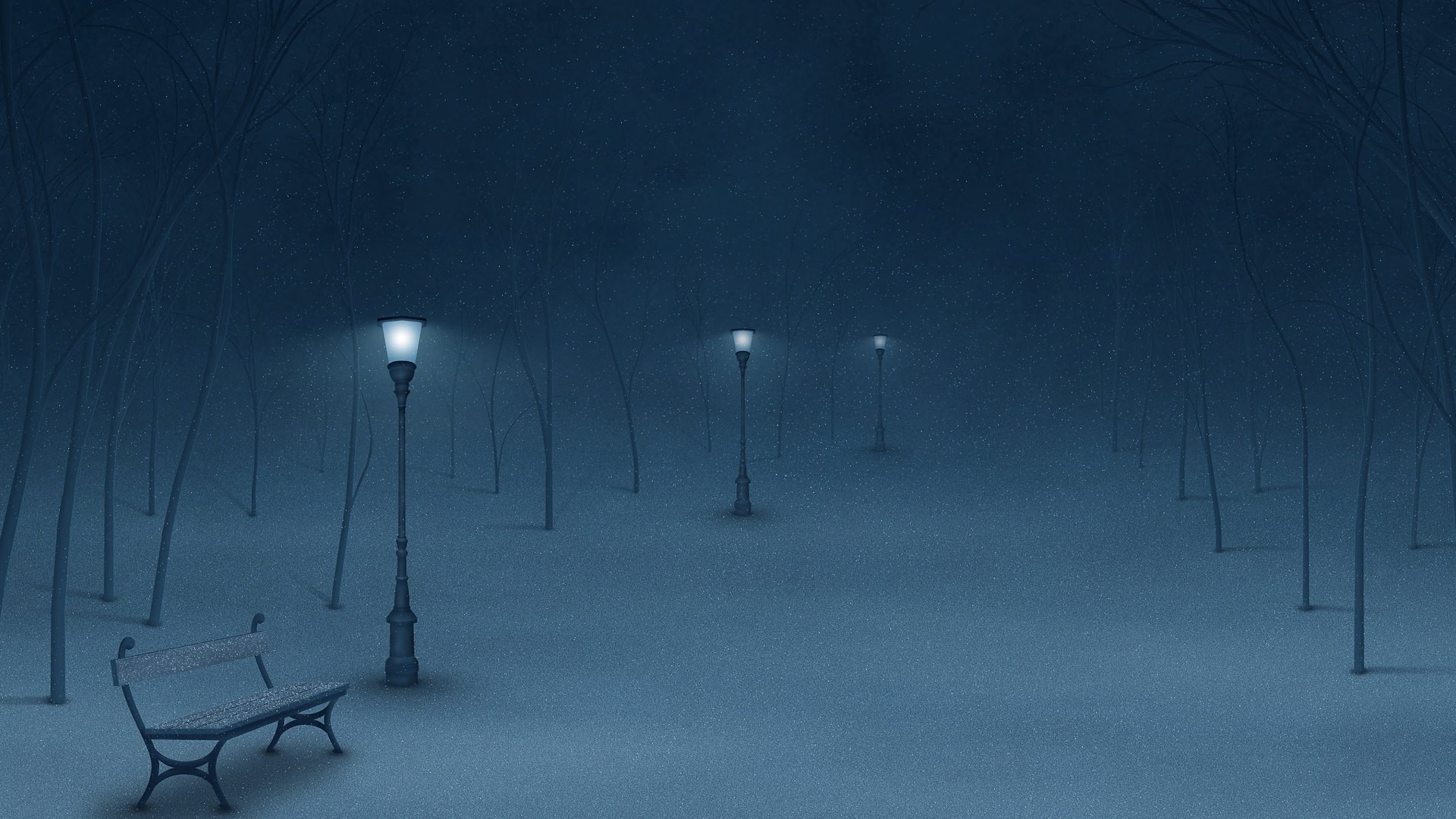 Snowy park at night with street lights and a bench HD Wallpaper