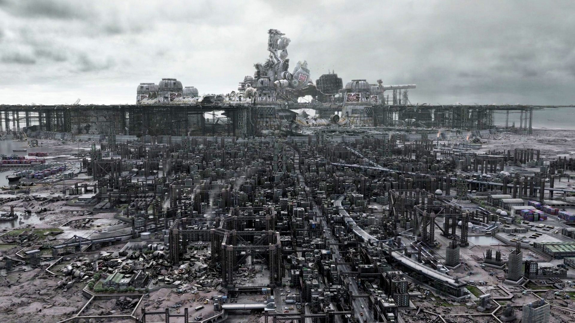 Final Fantasy VII Cityscape with Spaceship HD Wallpaper