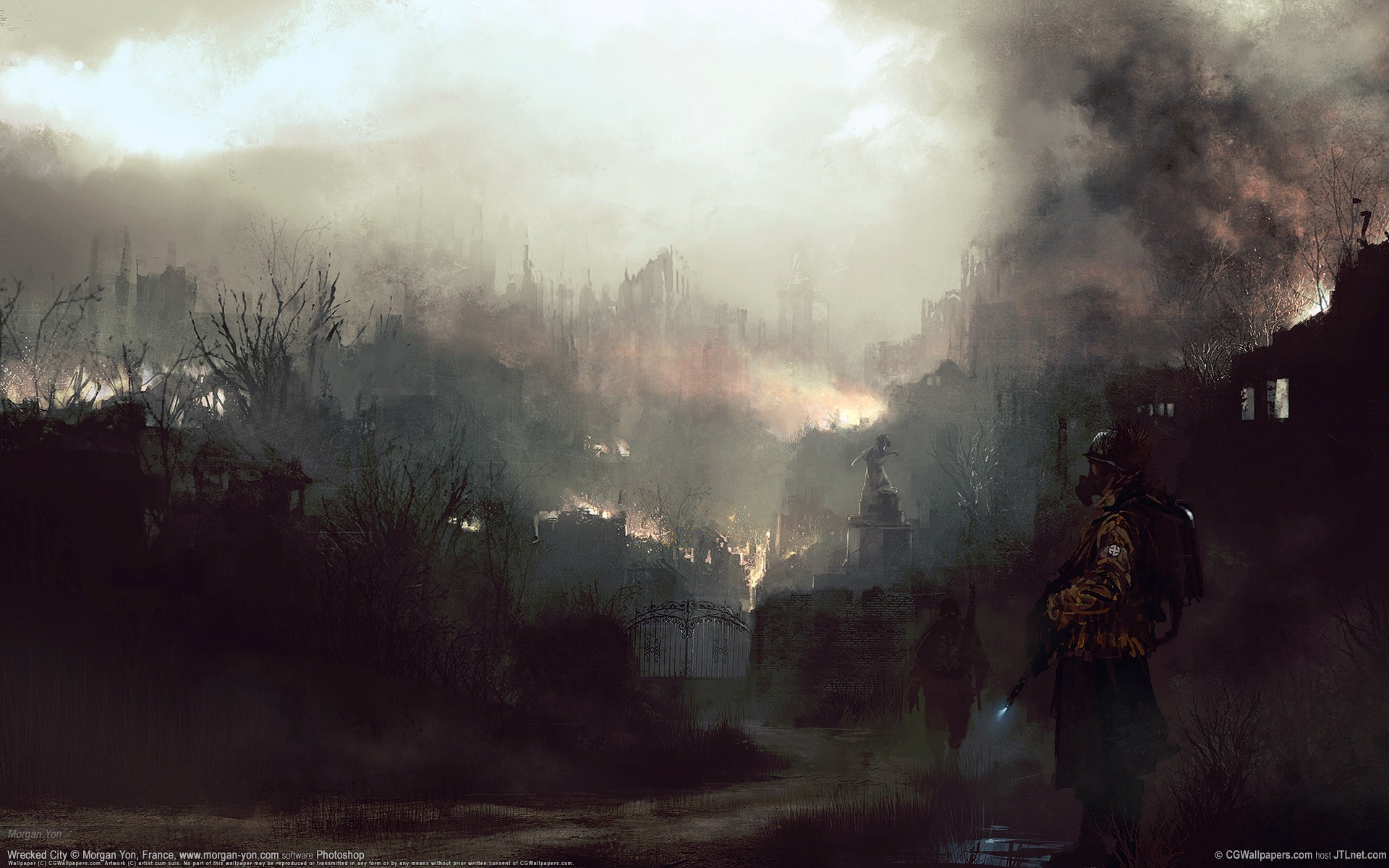 Apocalyptic Ruined Cityscape with Gas Masked Figure HD Wallpaper
