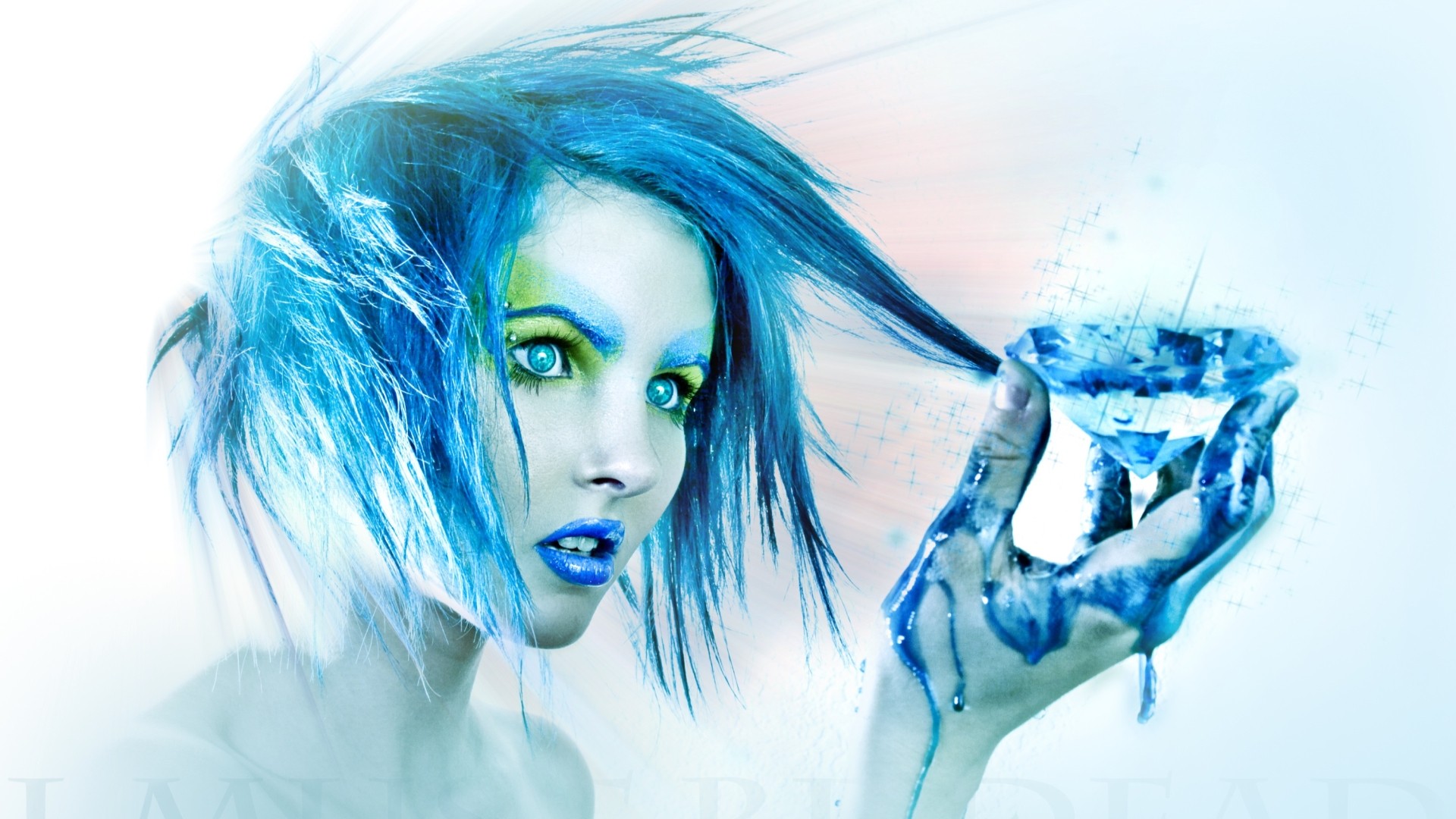 Woman with blue hair holding a diamond HD Wallpaper