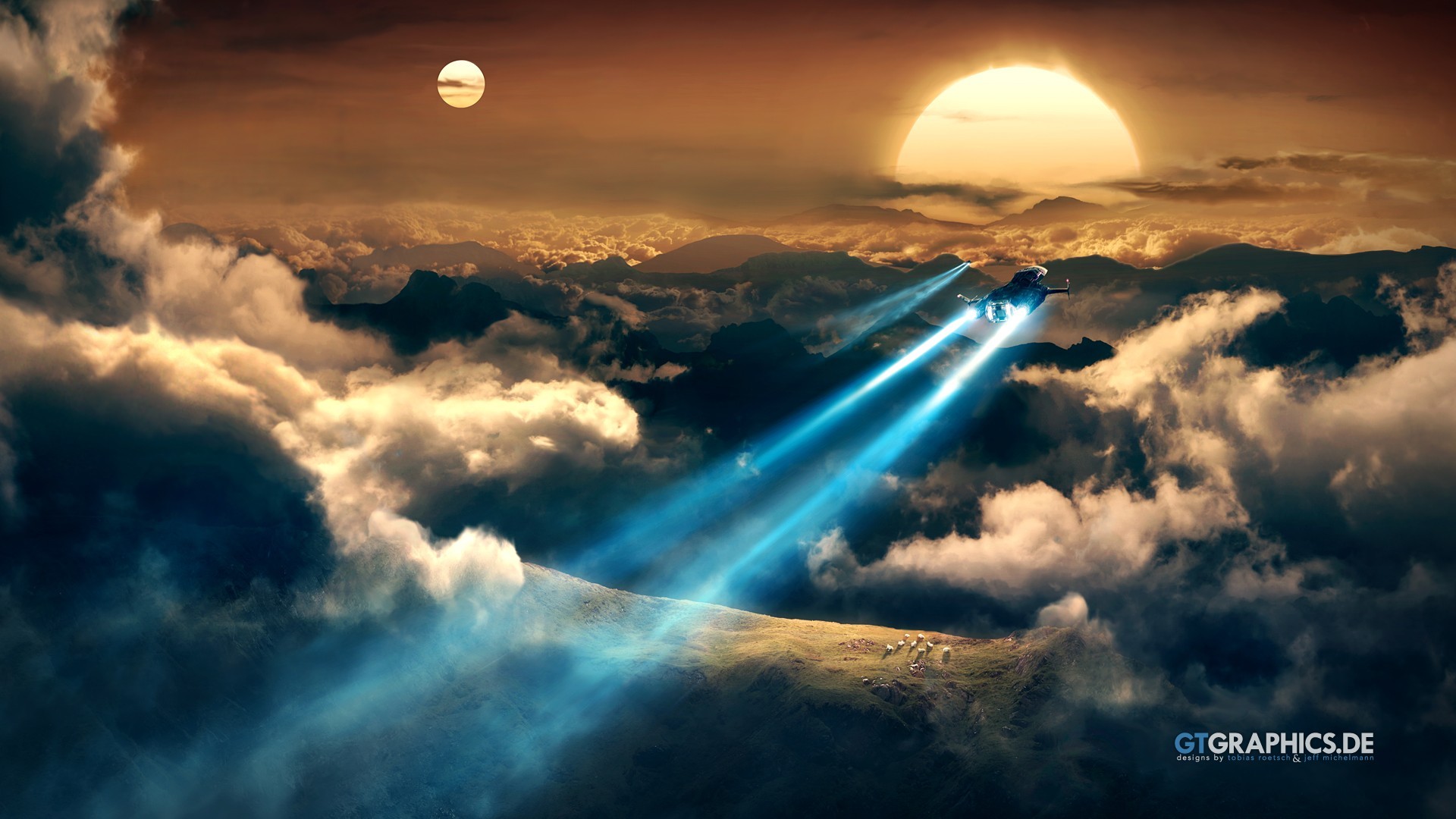 Science fiction spaceship flying through clouds at sunset HD Wallpaper