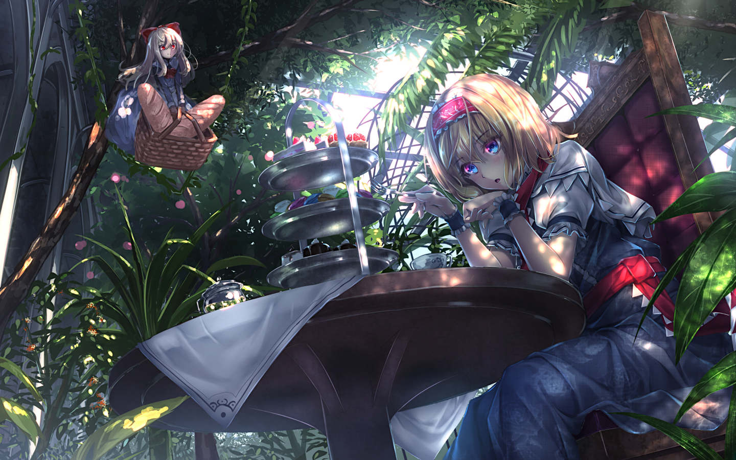 Touhou: Alice Margatroid having tea in a garden HD Wallpaper