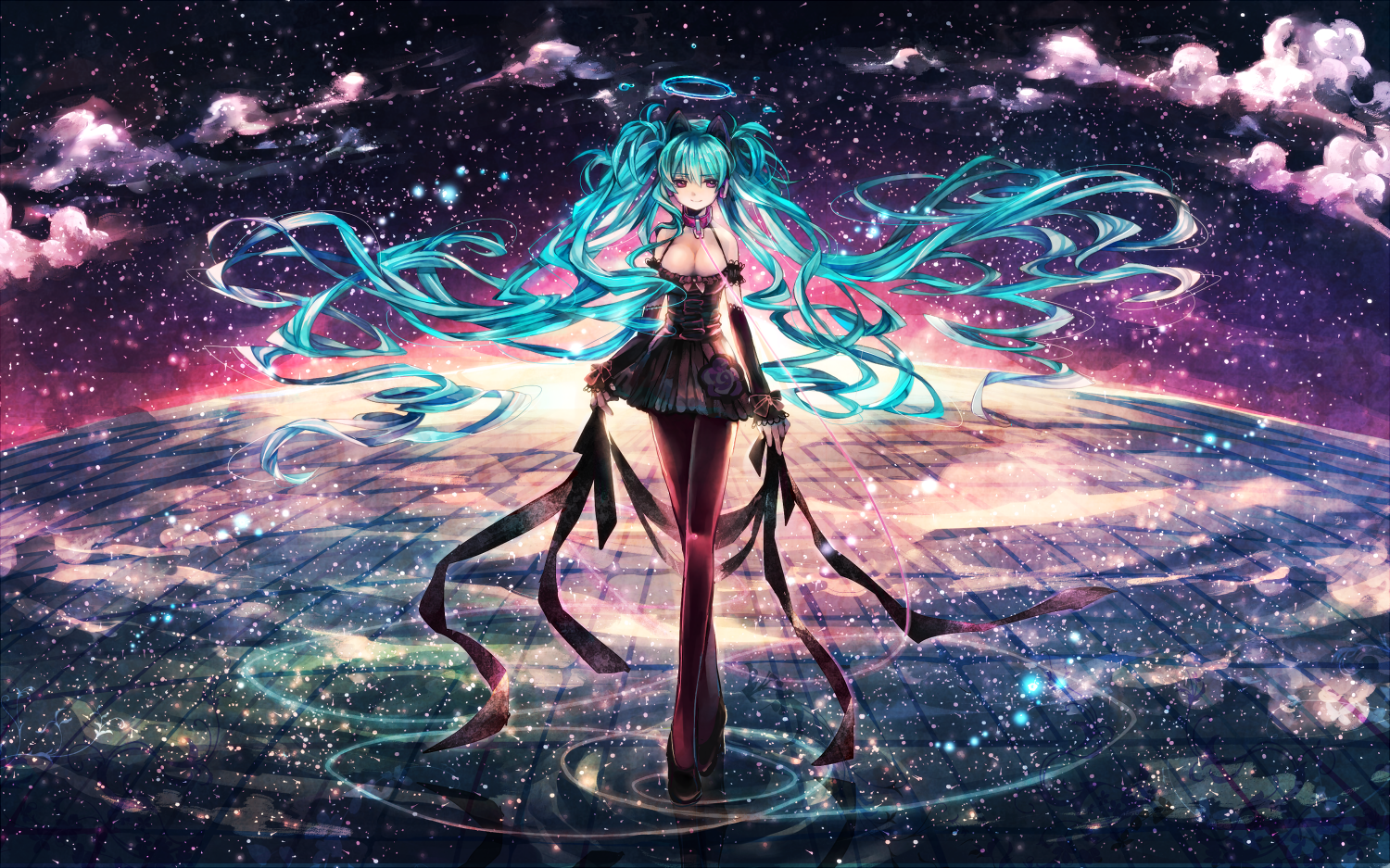 Hatsune Miku in a cosmic setting with flowing aqua hair HD Wallpaper