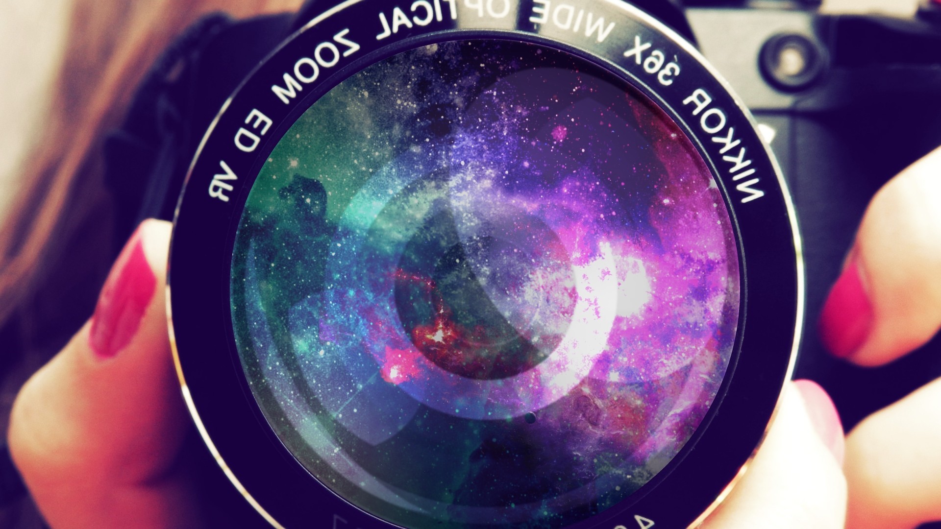Nikon camera lens with galaxy reflection HD Wallpaper