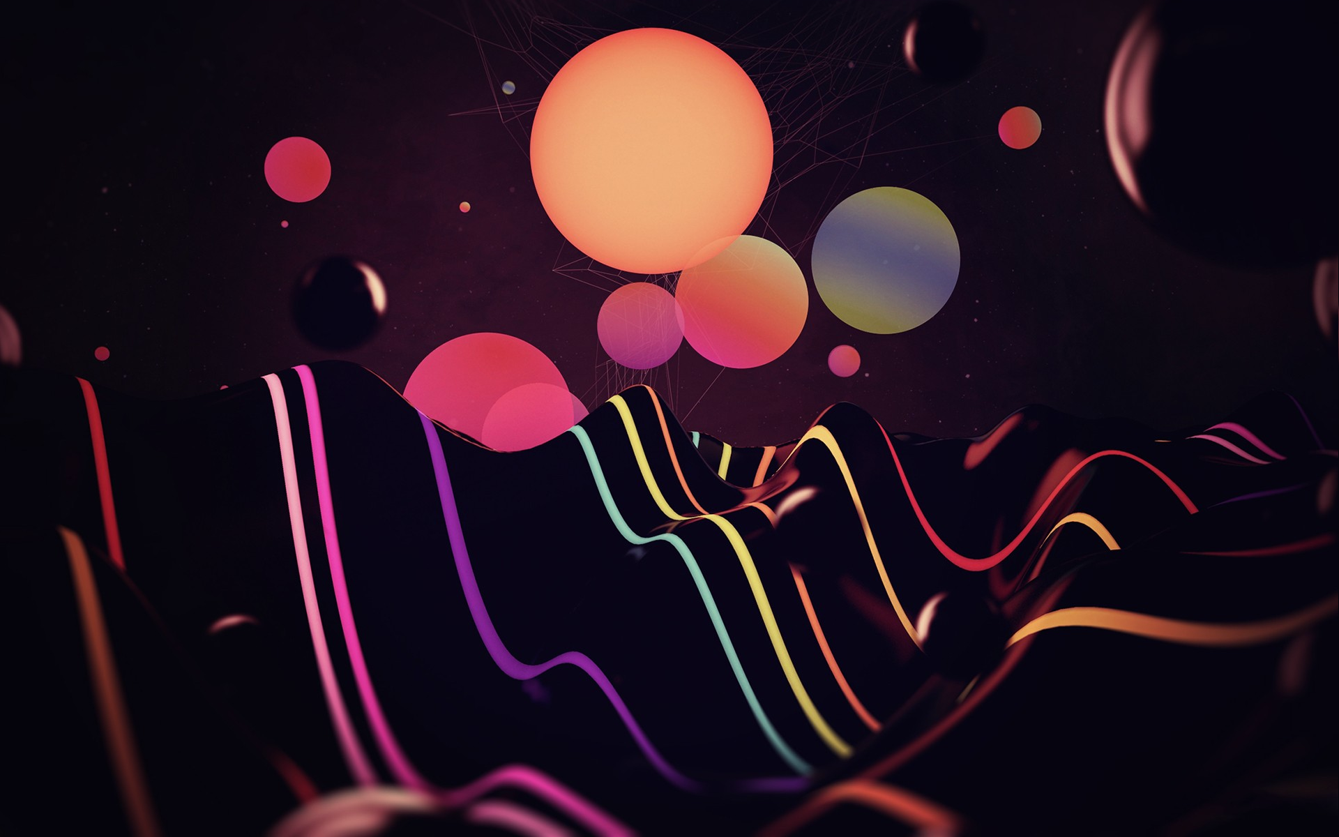 Abstract digital art with colorful spheres and wavy lines HD Wallpaper