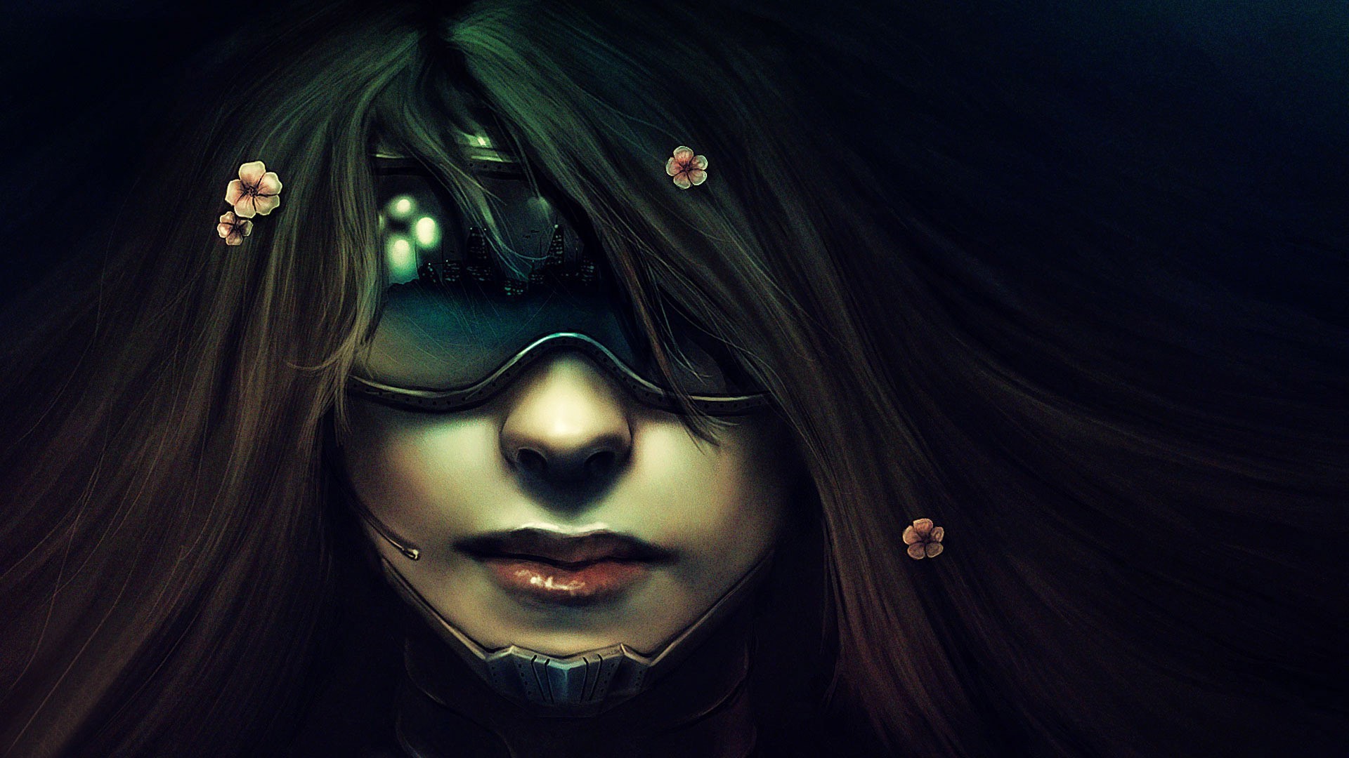 Cyborg woman with flowers in her hair HD Wallpaper