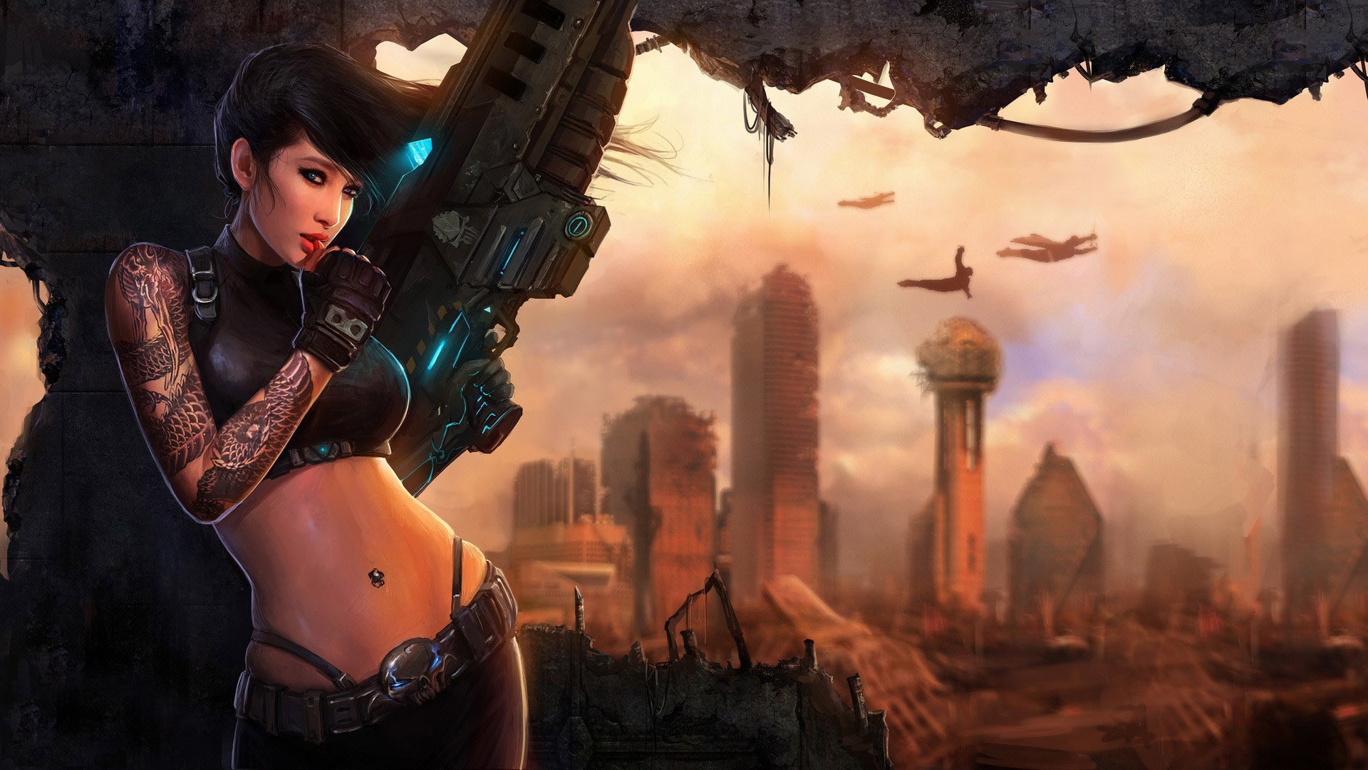 Woman with futuristic weapon in ruined city HD Wallpaper