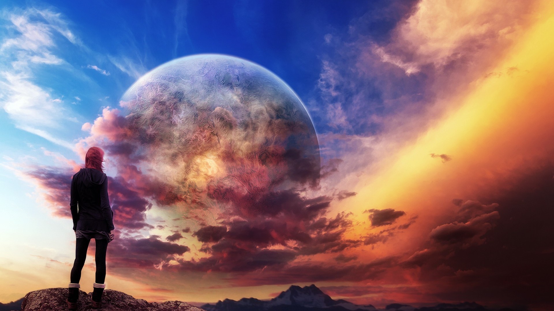 Woman looking at a colorful planet in the sky HD Wallpaper
