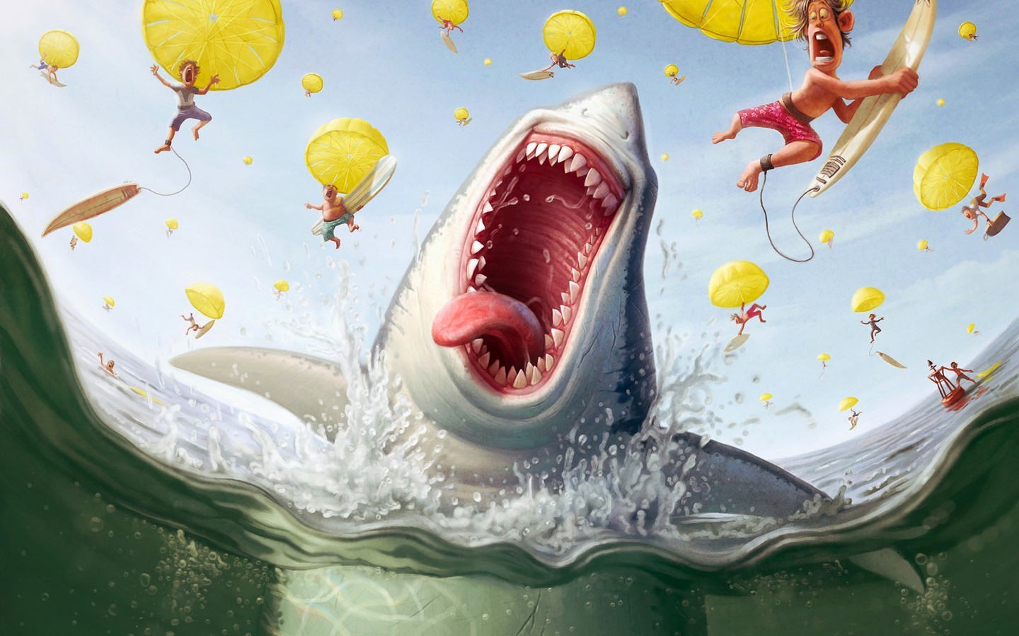 Shark attacking surfers with lemon parachutes HD Wallpaper