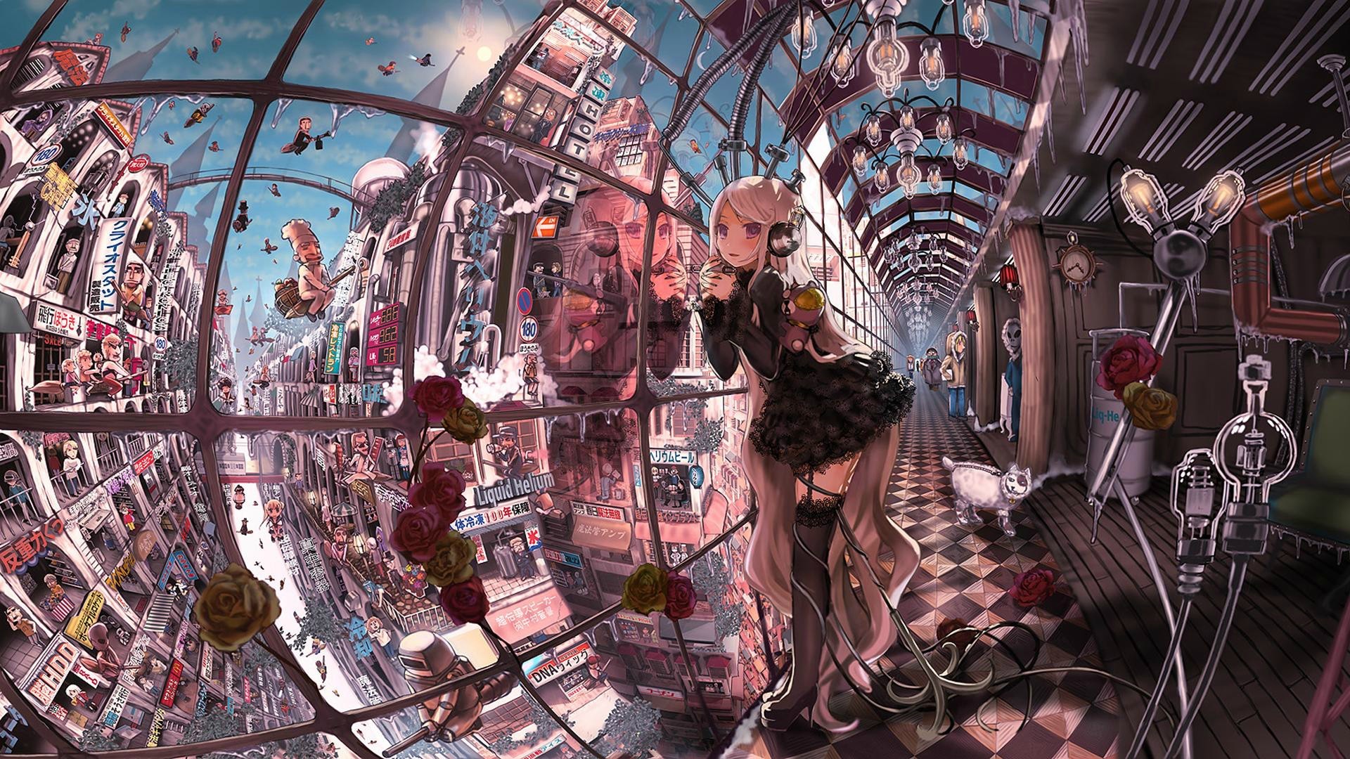 Anime girl with headphones in a steampunk city HD Wallpaper