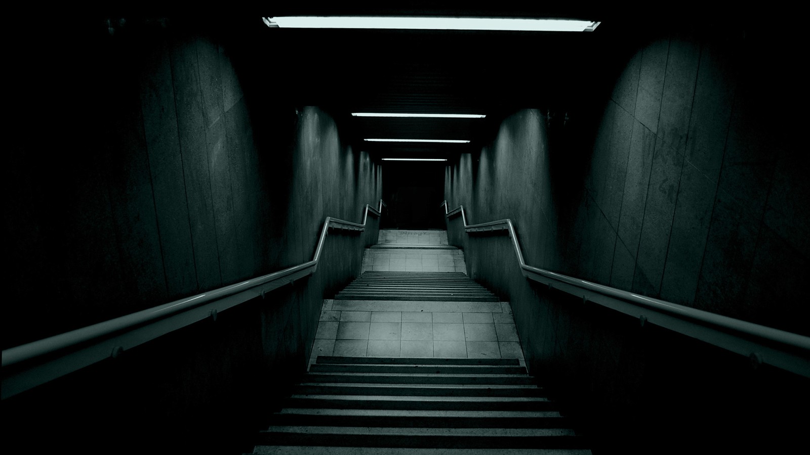 Dark underground stairs with fluorescent lights HD Wallpaper