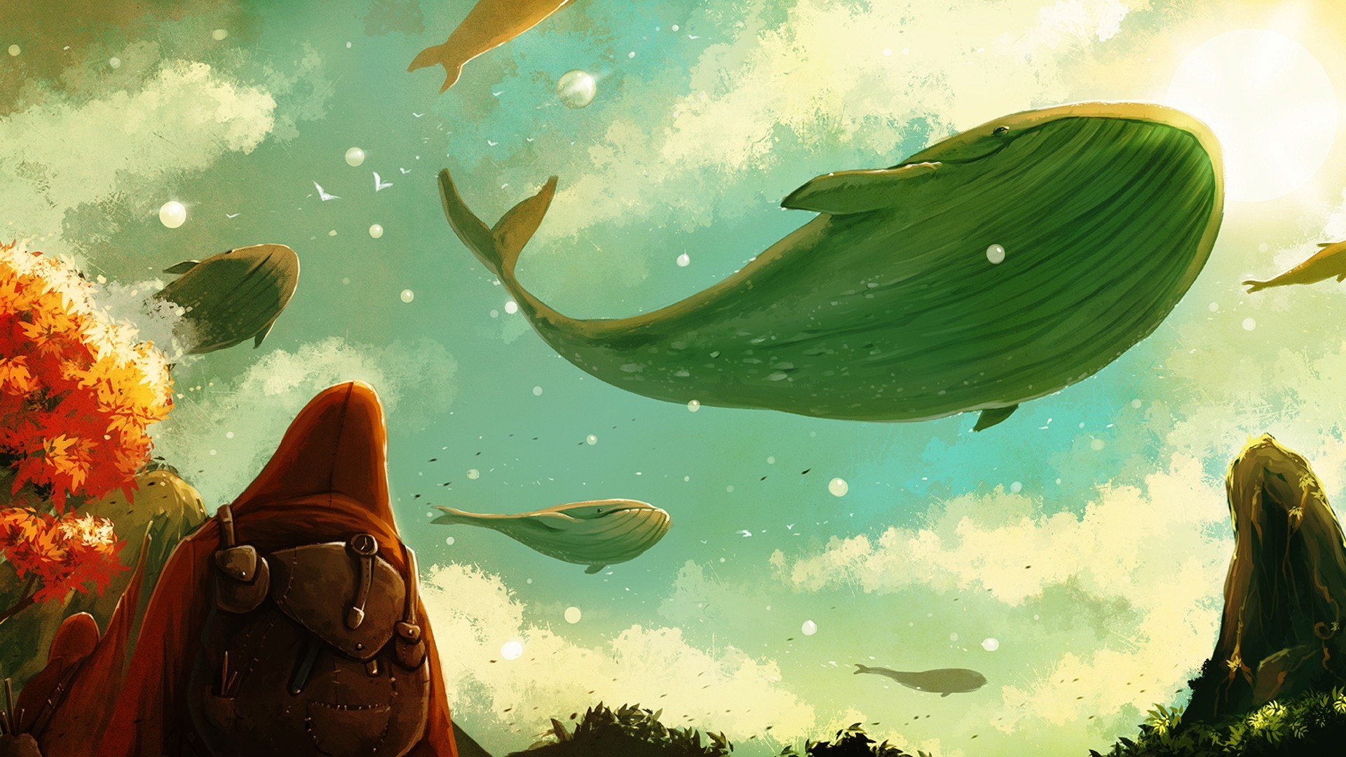 Whales and a traveler in a cloudy sky HD Wallpaper