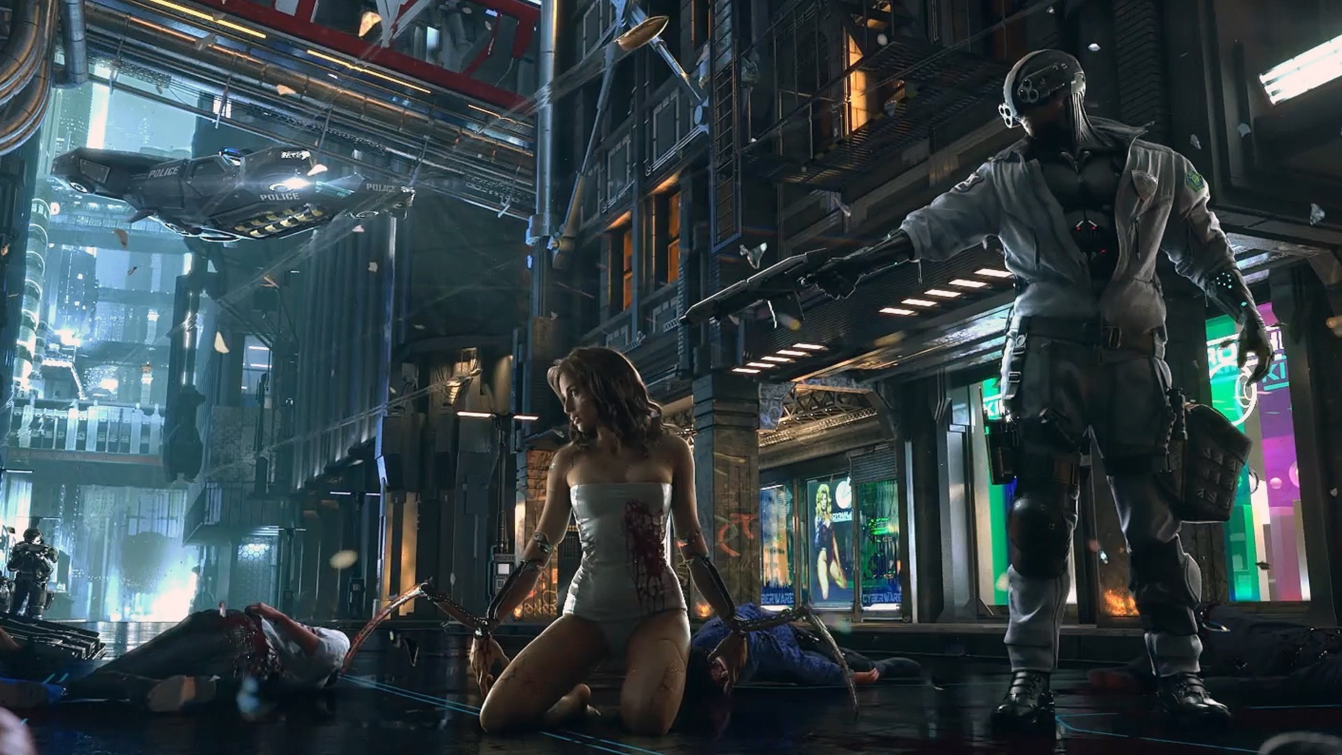Cyberpunk 2077 scene with injured woman and robot HD Wallpaper