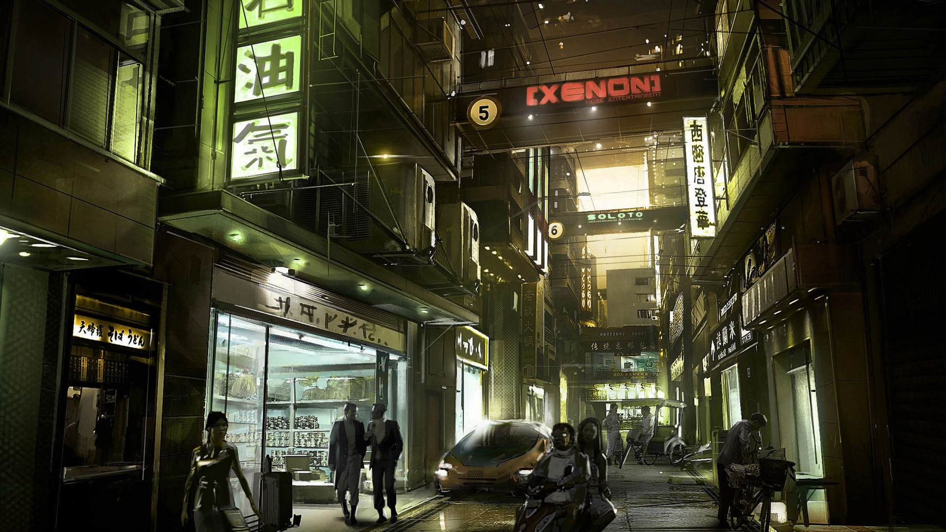 Cyberpunk street with Xenon sign and futuristic car HD Wallpaper