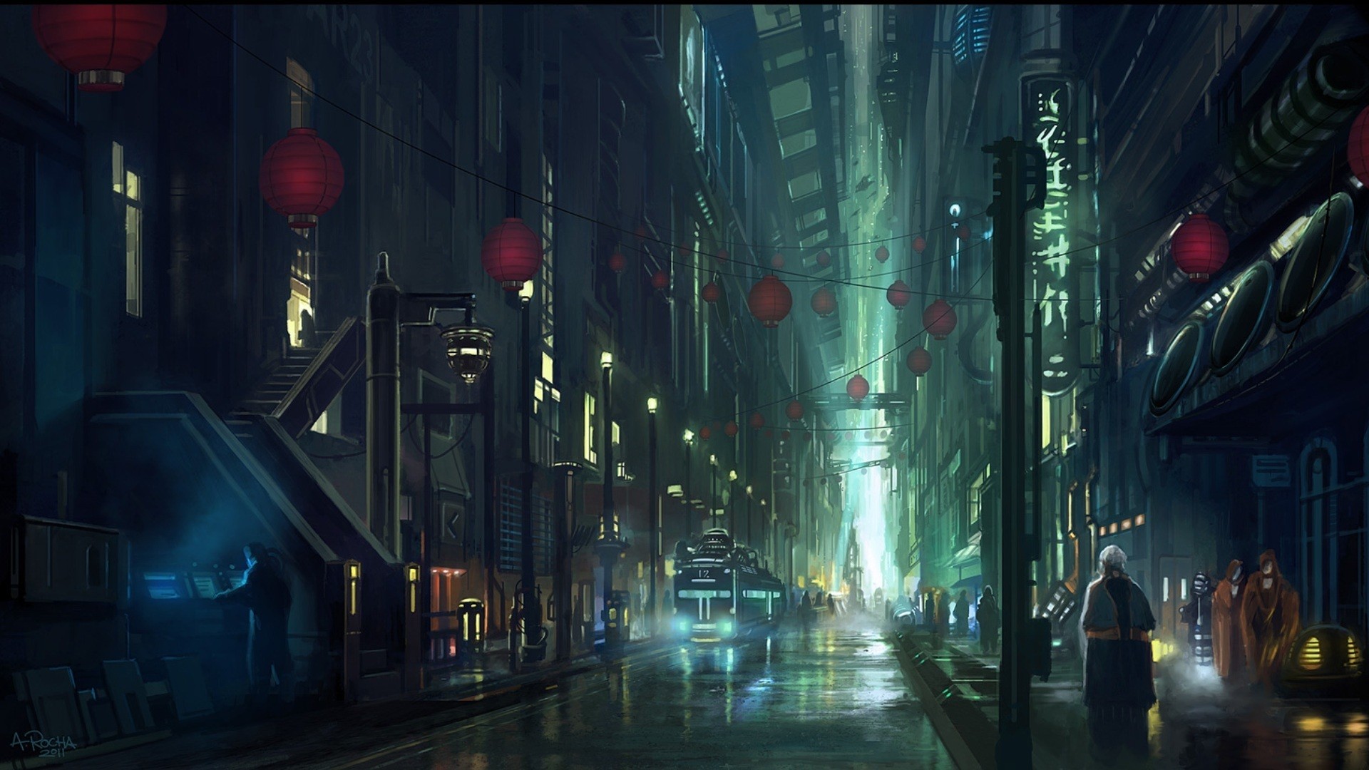 Cyberpunk cityscape with red lanterns and futuristic transport HD Wallpaper