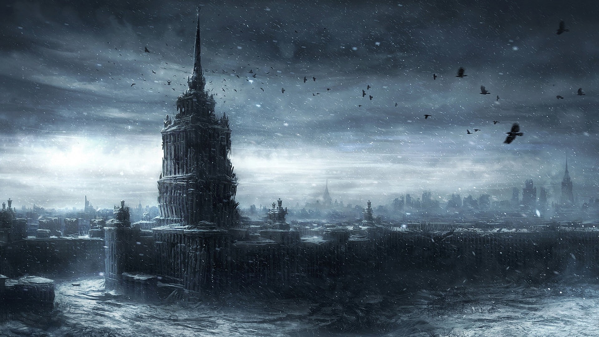 Apocalyptic futuristic city with a tall tower and birds HD Wallpaper