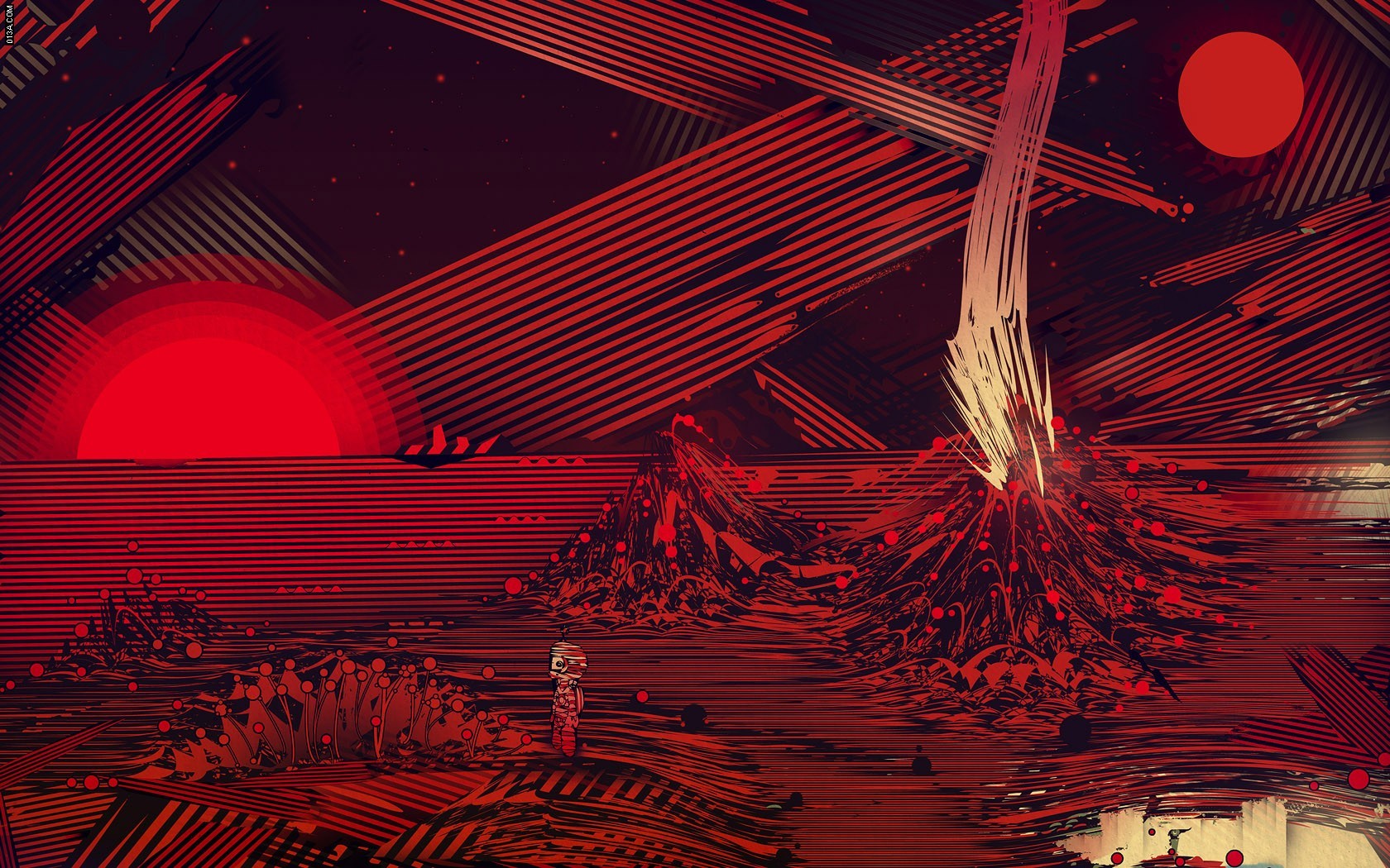 Matei Apostolescu's surreal digital art with lines and a volcano HD Wallpaper